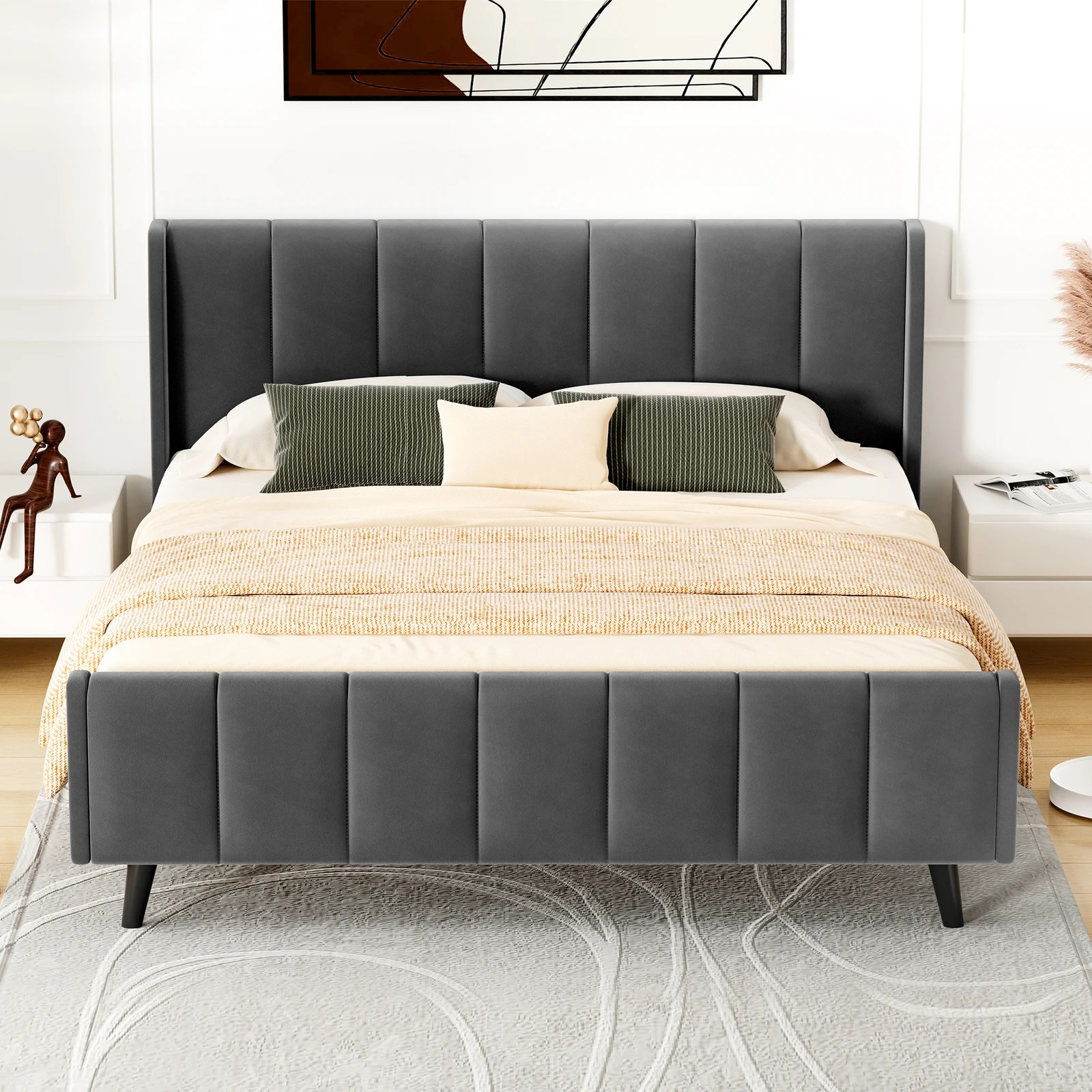 3 Alfordson Bed Frame Double Size Tufted Headboard Base Velvet Hundolf - Grey, 3 of 10