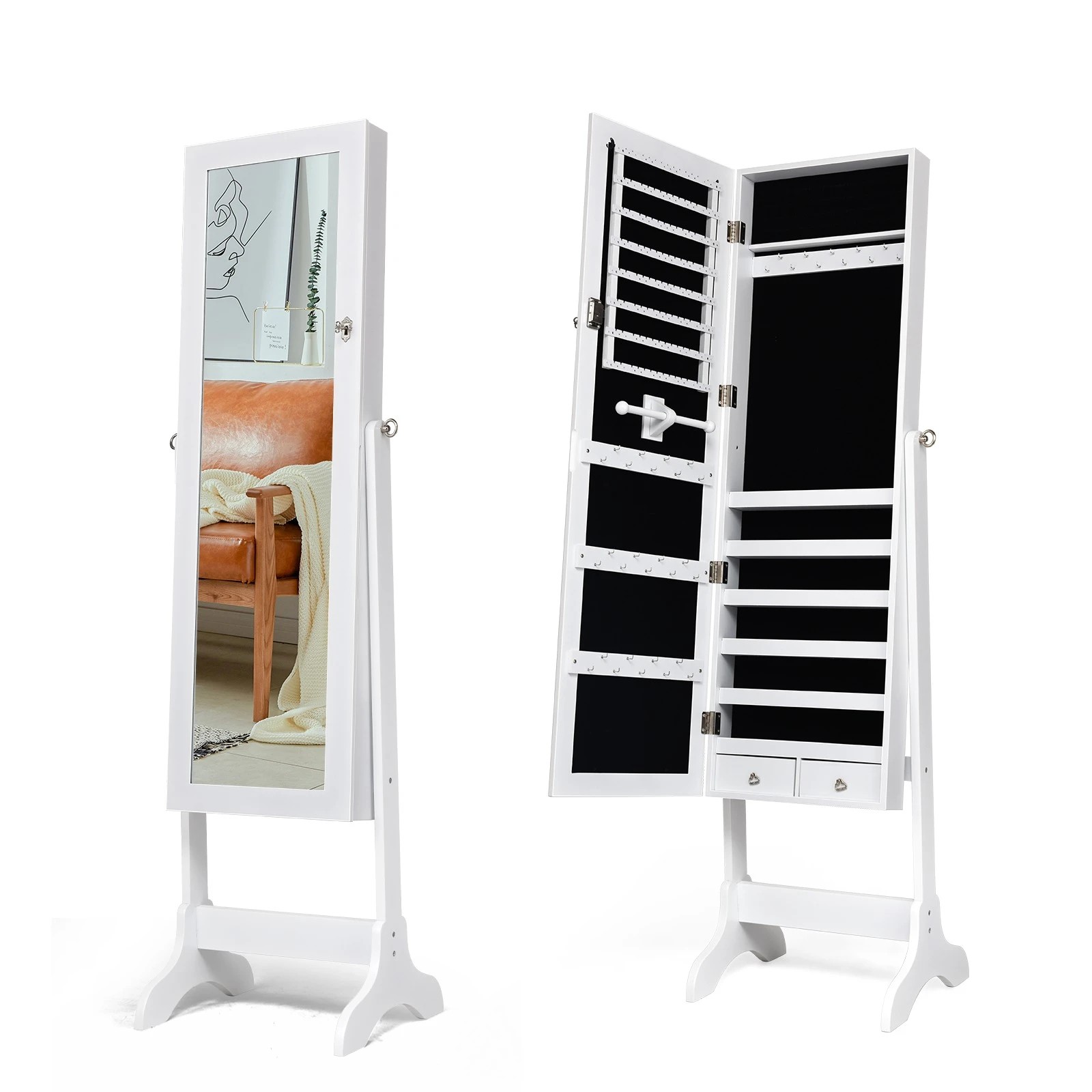 1 Costway Jewellery Cabinet Makeup Storage Organiser w/Full-Length Mirror Floor Jewellery Armoire - White, 1 of 3