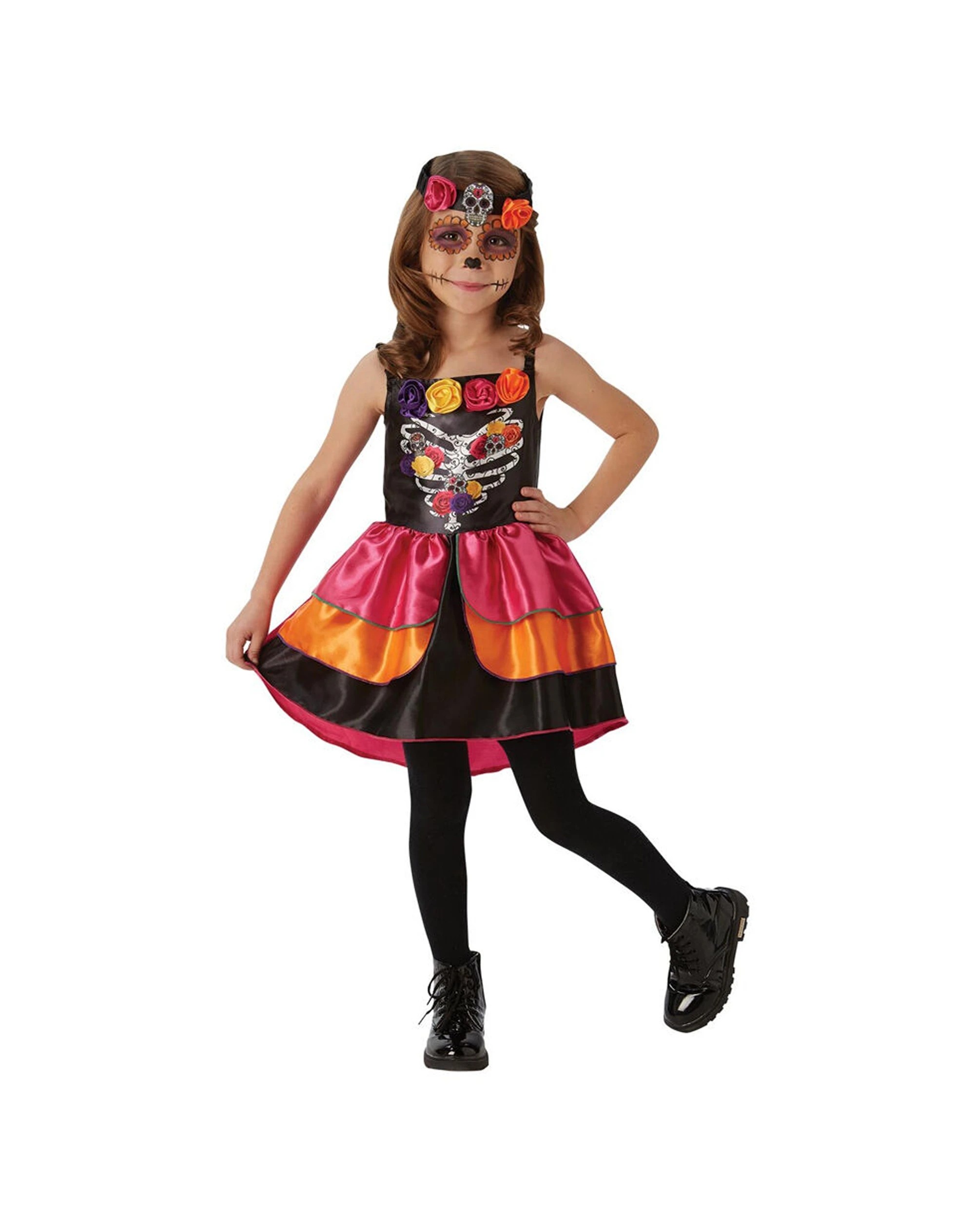 1 Rubies Sugar Skull Day Of The Dead Girls Dress Up Costume Size L - Black, 1 of 3