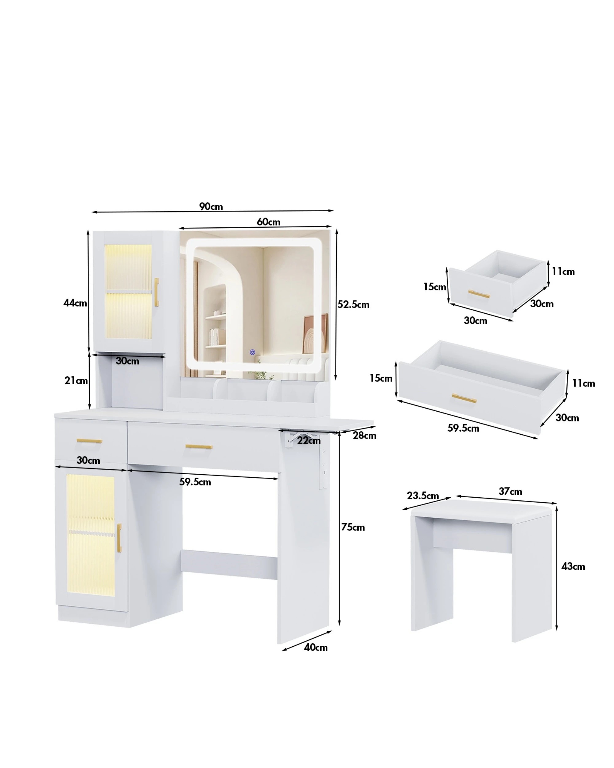 4 Advwin Dressing Table with LED Mirror,RGB Cabinet, Charging Station & Foldable Countertop - White, 4 of 10