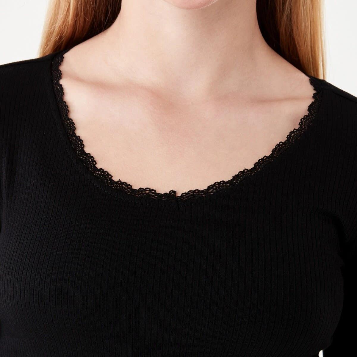 4 Long Sleeve Rib Top with Lace Black, 4 of 8