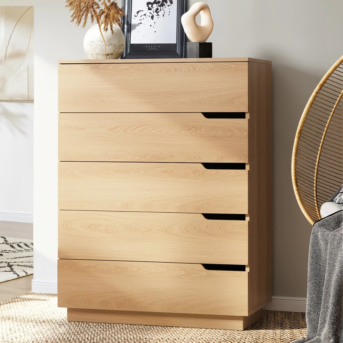 9 Oikiture 5 Chest of Drawers Dresser Tallboy Storage Cabinet Bedroom - Natural, 9 of 9