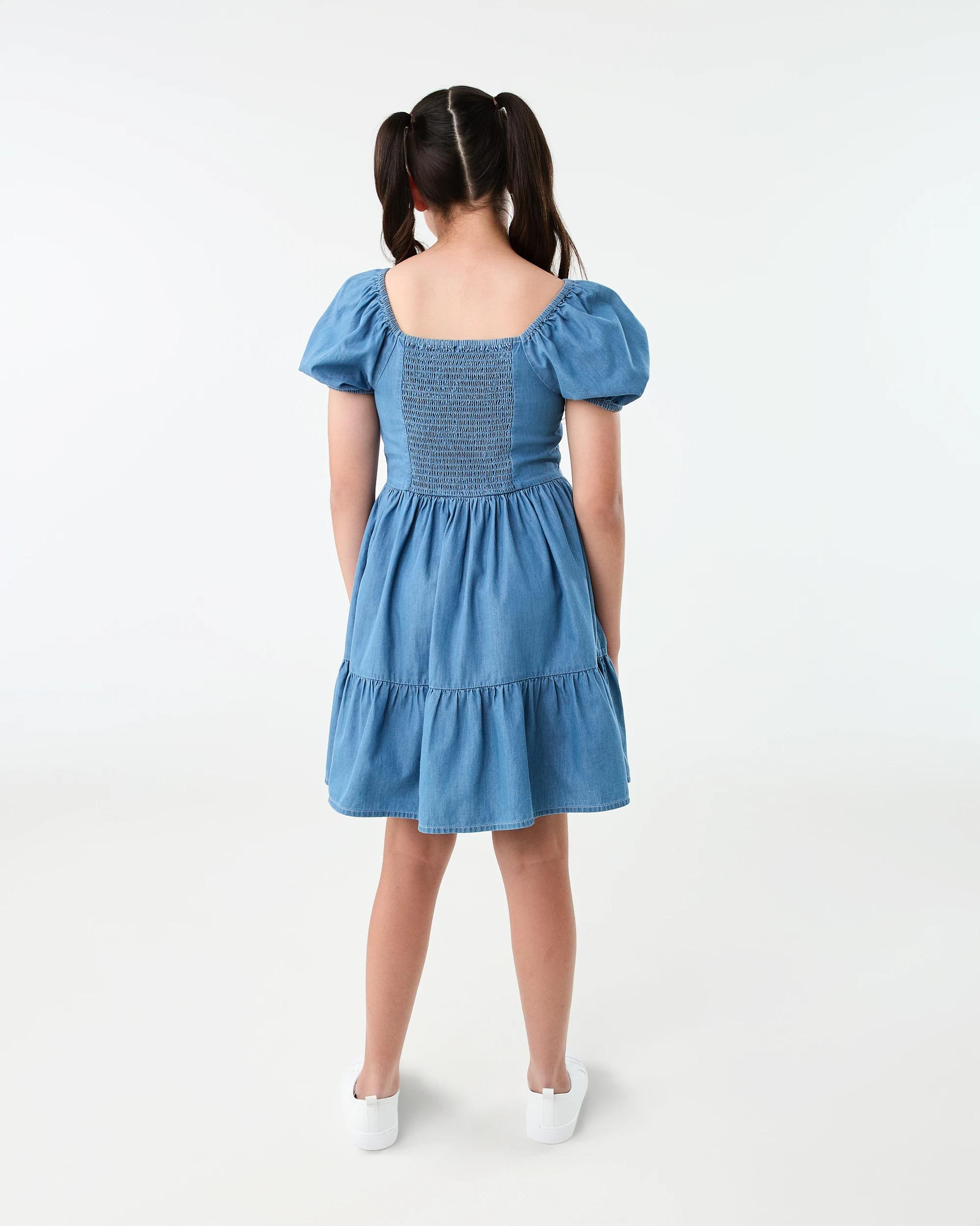9 Puff Sleeve Woven Dress Mid Wash, 9 of 9