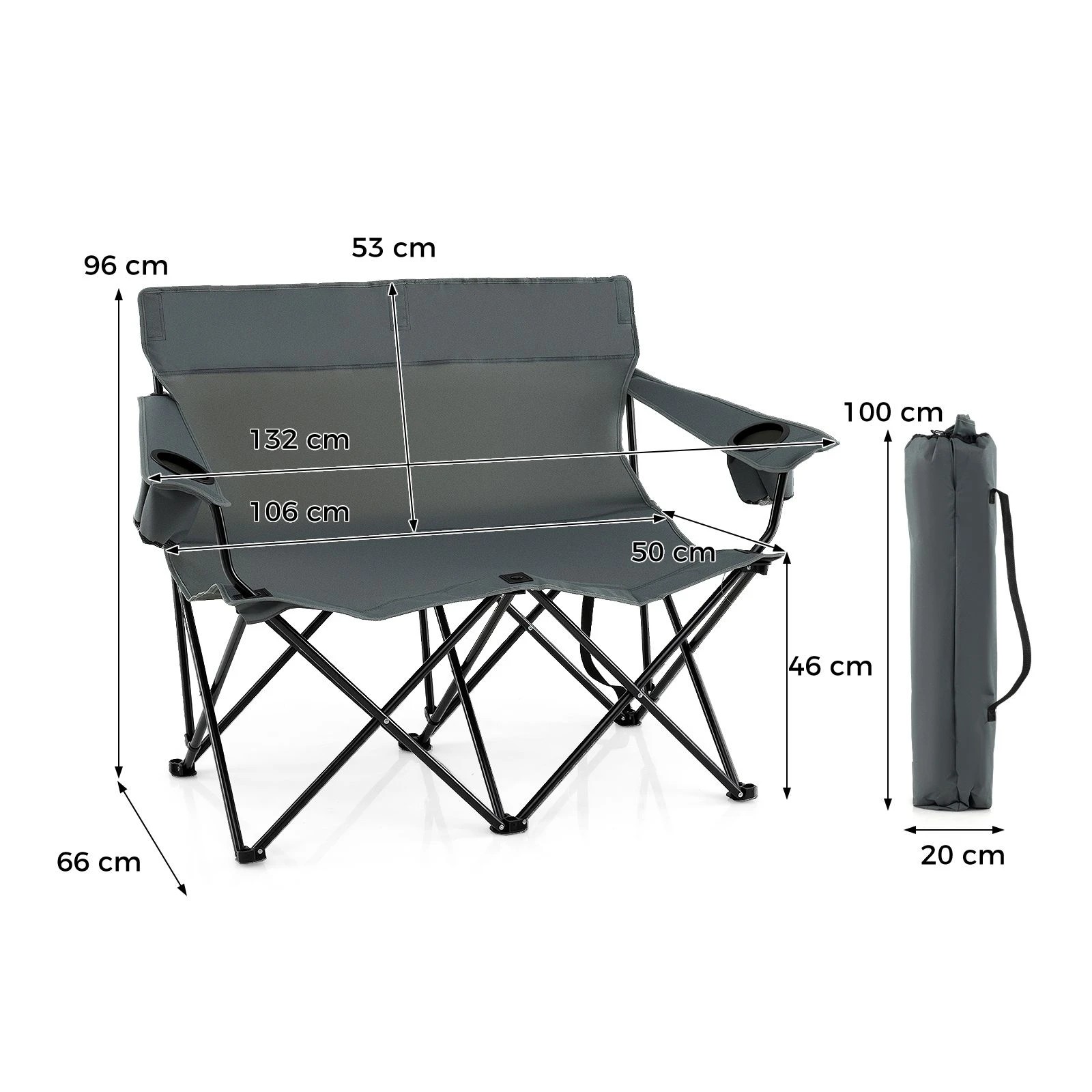 4 Costway Double Camping Chair 2-Person Portable Outdoor Folding Love Seat w/Cup Holders & Armrests - Grey, 4 of 4
