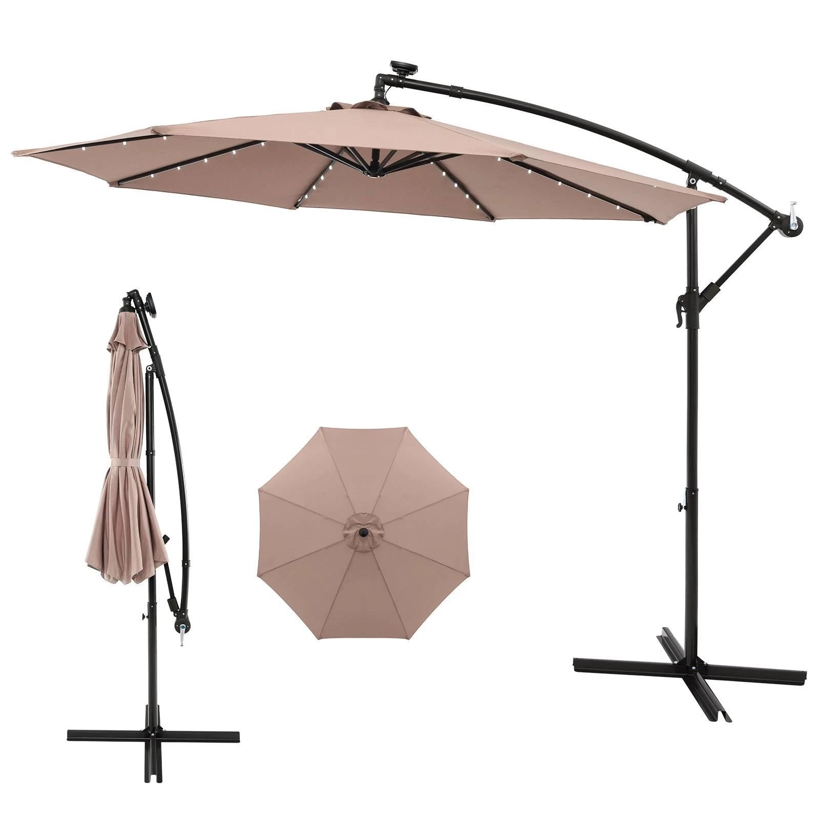 1 Costway 3m Solar Patio Offset Outdoor Market Umbrella Cantilever w/40 LED Light - Brown, 1 of 1