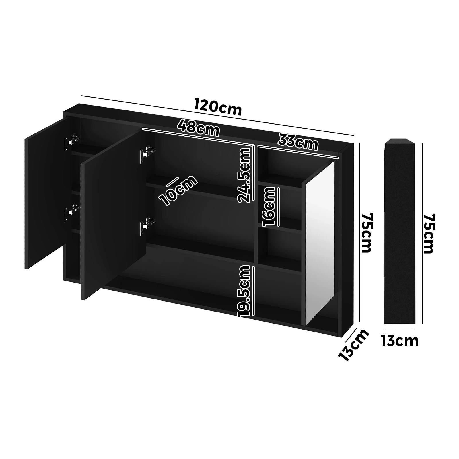 6 Welba Bathroom Mirror Cabinet Storage 1200x750mm - Black, 6 of 6