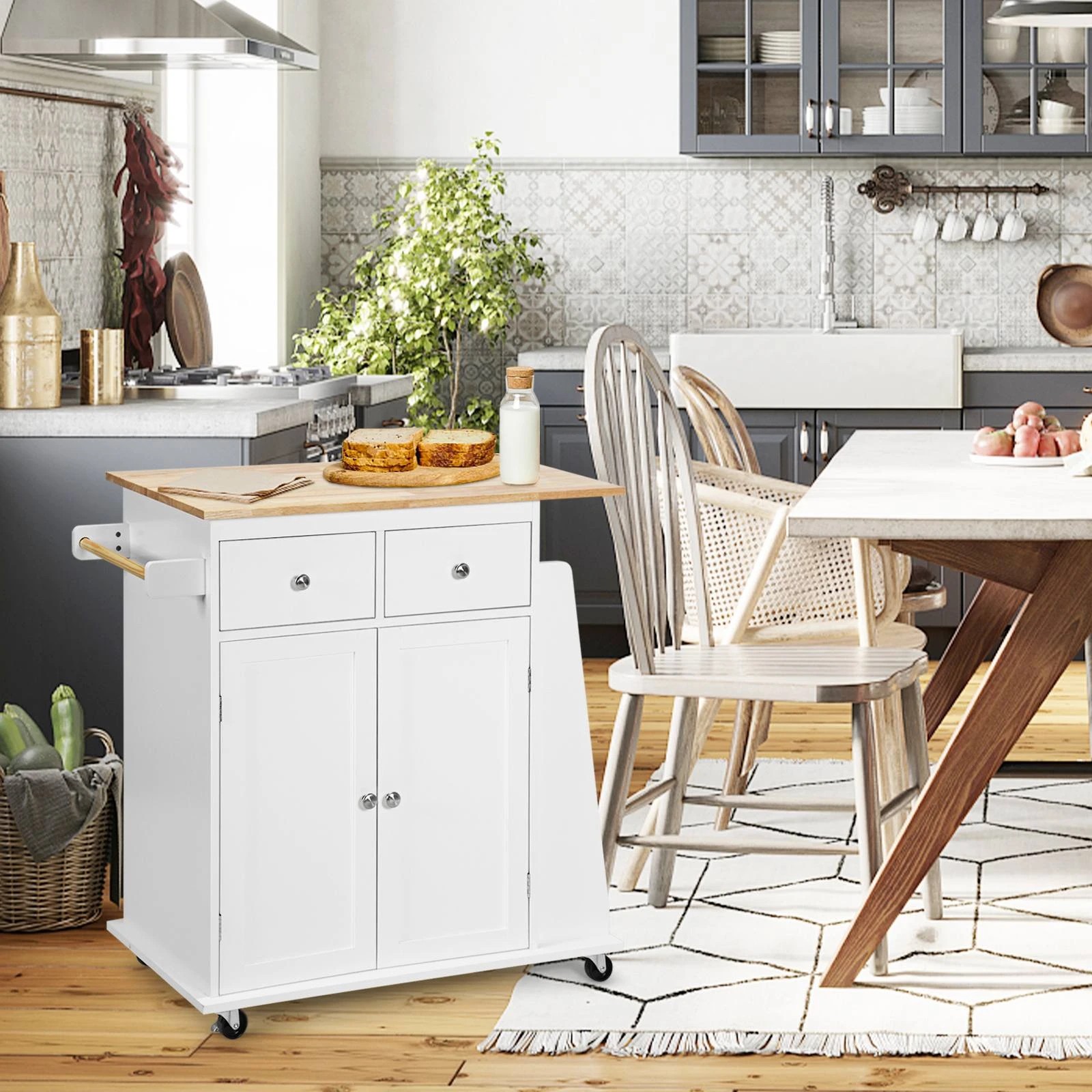 3 Costway Kitchen Island Rolling Trolley Cart 2-Door Cabinet - White, 3 of 4