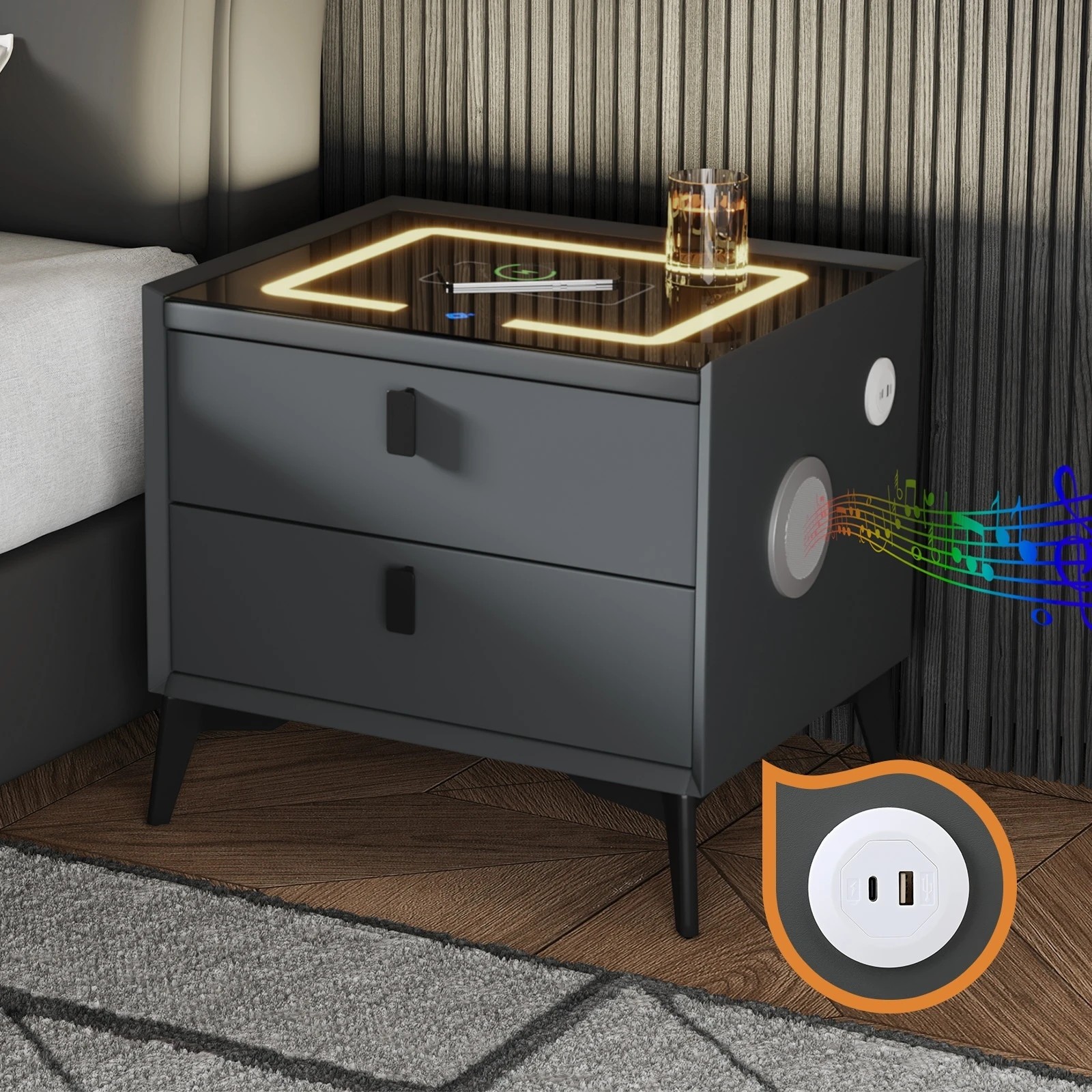 7 Oikiture Set of 2 Smart Bedside Tables Wireless Charging LED Nightstand - Grey, 7 of 7