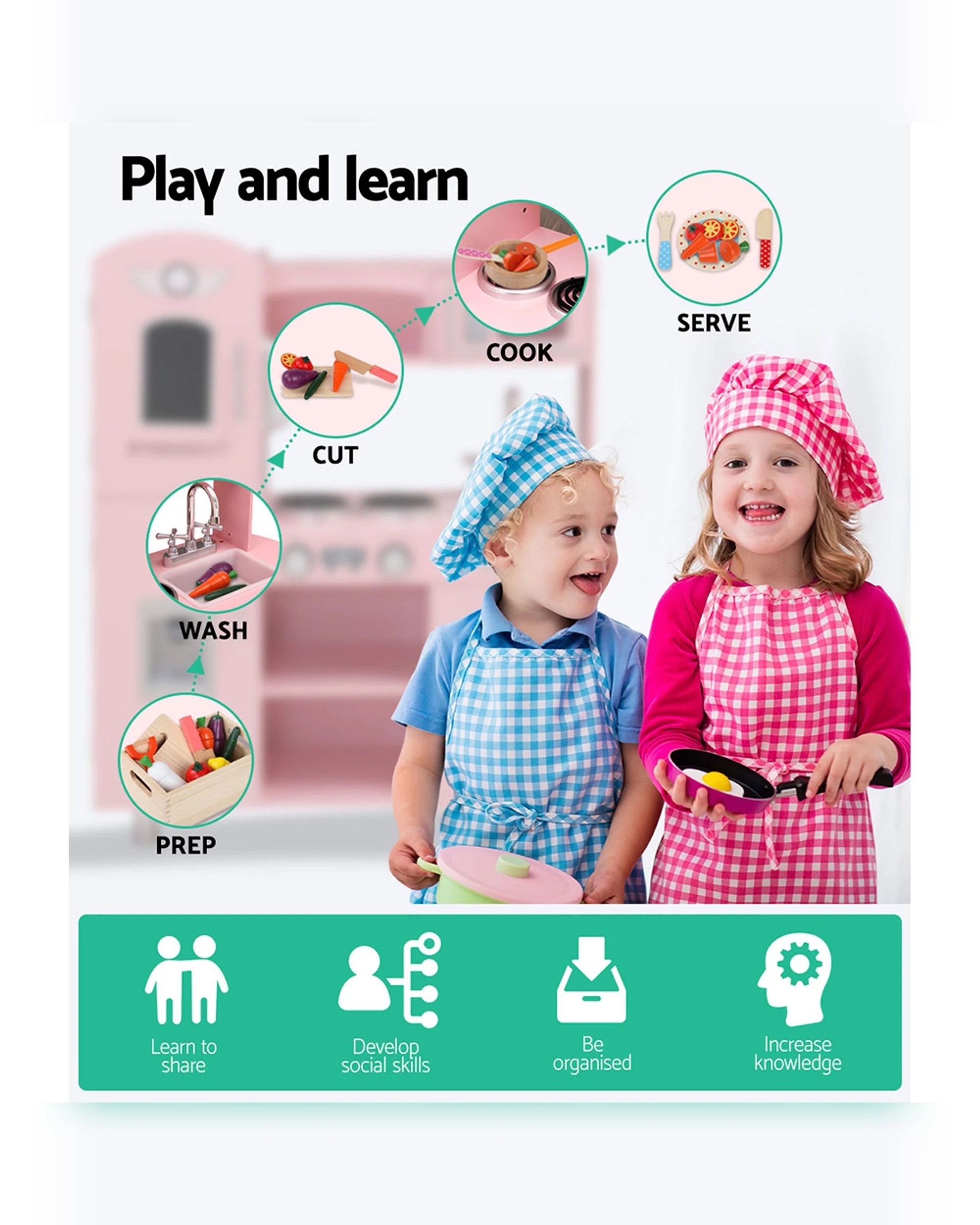 2 Keezi Kids Kitchen Play Set Wooden Pretend Toys Cooking Children Storage - Pink, 2 of 6