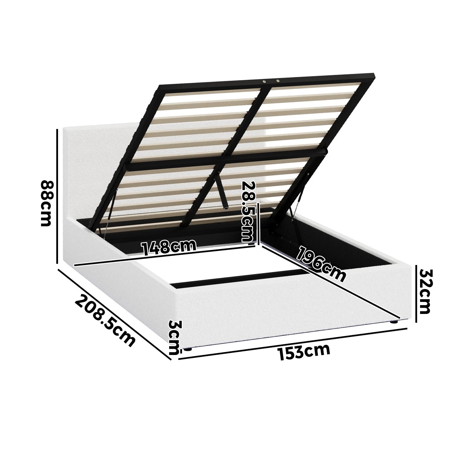 2 Oikiture Bed Frame Queen Size Gas Lift Storage Base LED Beds Boucle - White, 2 of 7