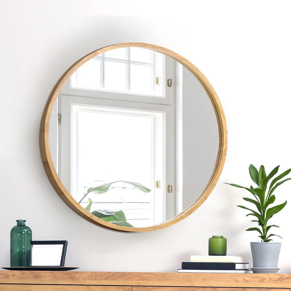 3 Oikiture Wall Mirrors Round Makeup Mirror Vanity Home Decor 50cm Wooden
 - Natural, 3 of 9