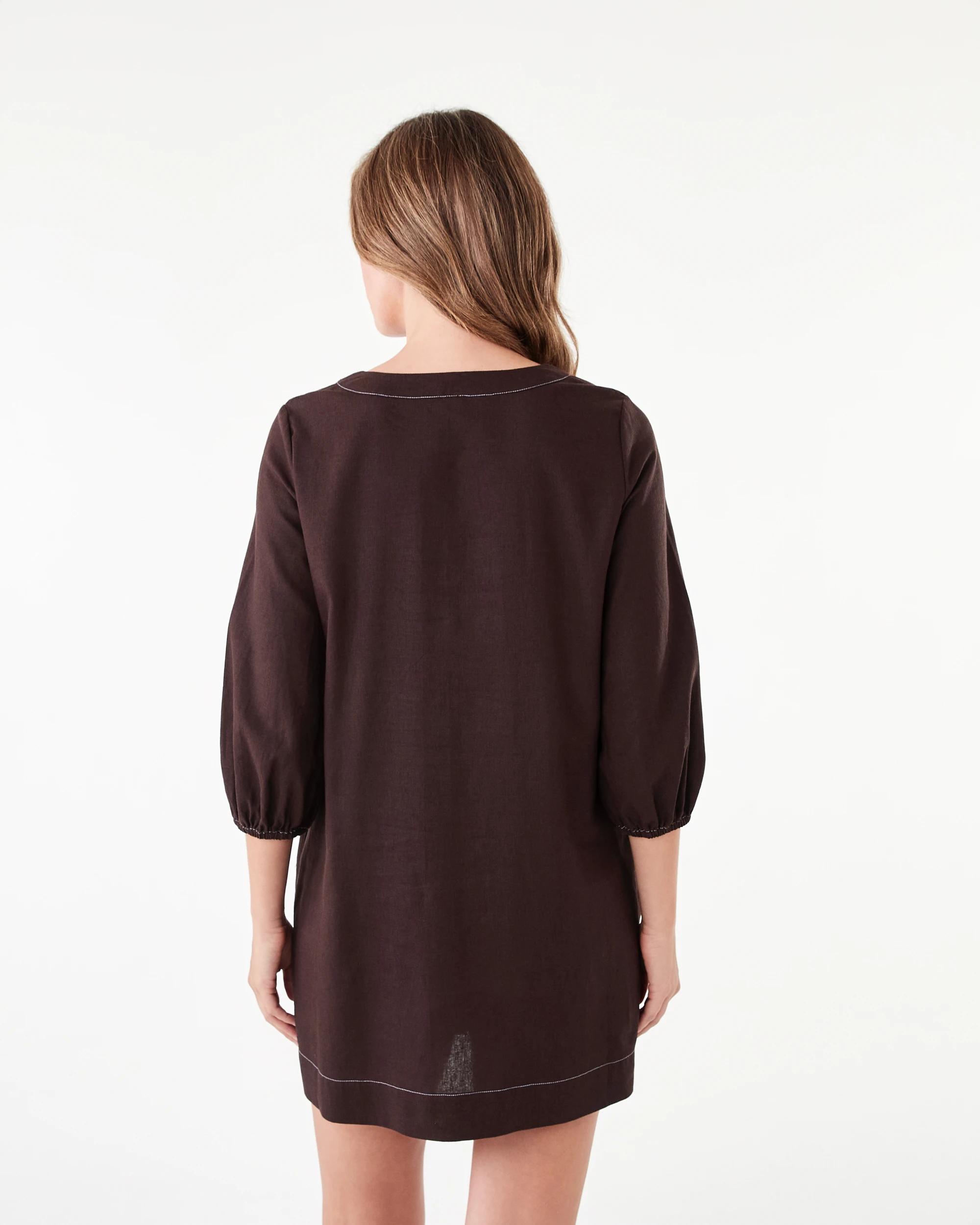 3 Long Sleeve Linen Blend V-Neck Mini Dress Choc Plum, 3 of 9