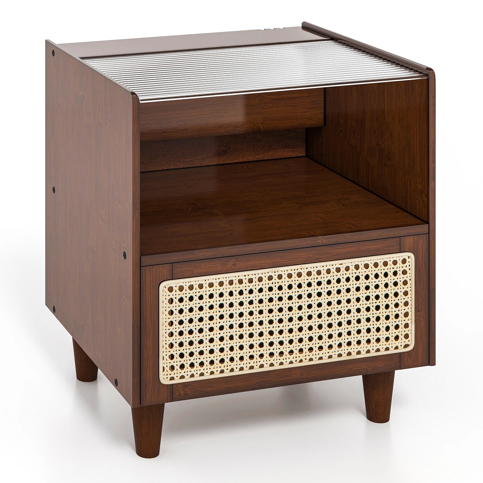1 Costway Bamboo Rattan Nightstand Boho End Side Table w/Solid Wood Legs - Brown, 1 of 5