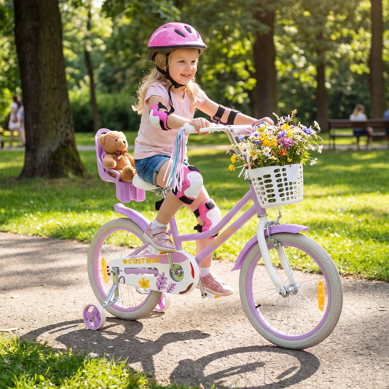 2 Costway 40cm Kids Bike Bicycle Ride-on w/Training Wheels & Doll Seat & Front Basket Beginner - Purple, 2 of 4