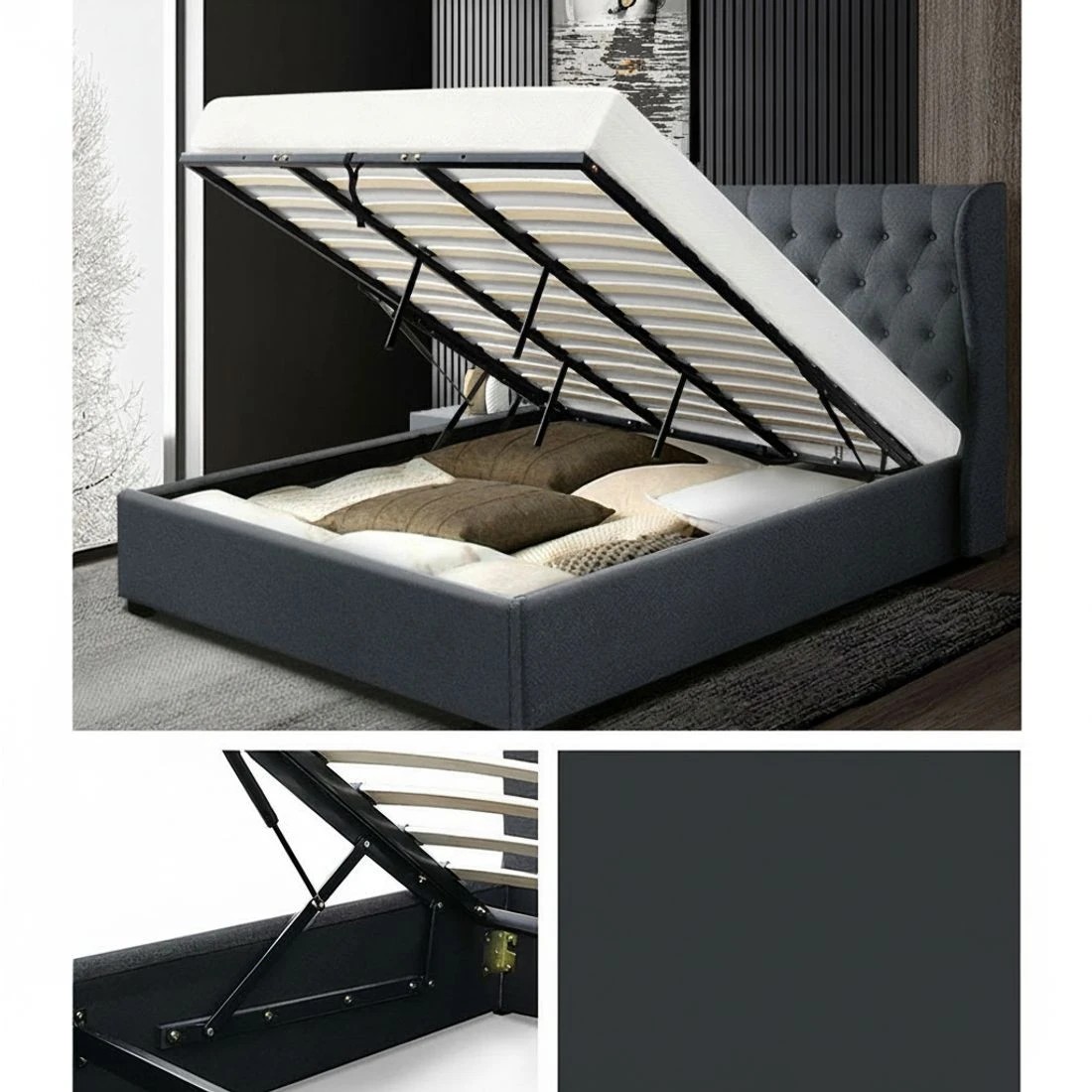 5 Artiss Bed Frame King Size Gas Lift Charcoal ISSA - Charcoal, 5 of 10