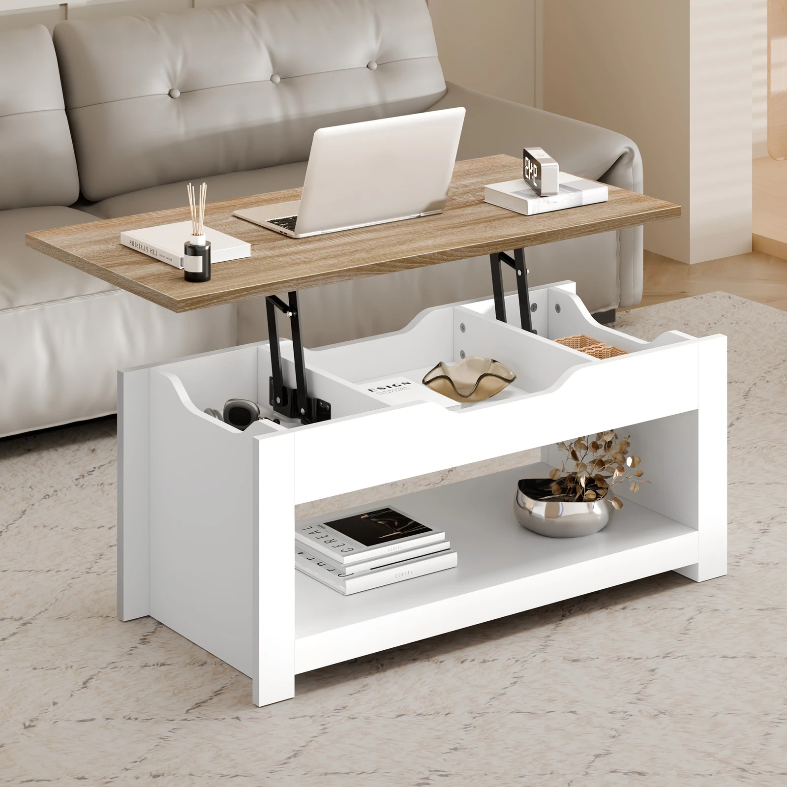 10 Alfordson Coffee Table Lift Up Top Laptop Desk Hidden Storage Shelf - Wood White, 10 of 10