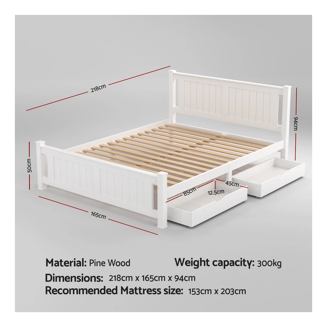 2 Artiss Bed Frame Queen Size Wooden Platform with 2 Storage Drawers RIO - White, 2 of 8