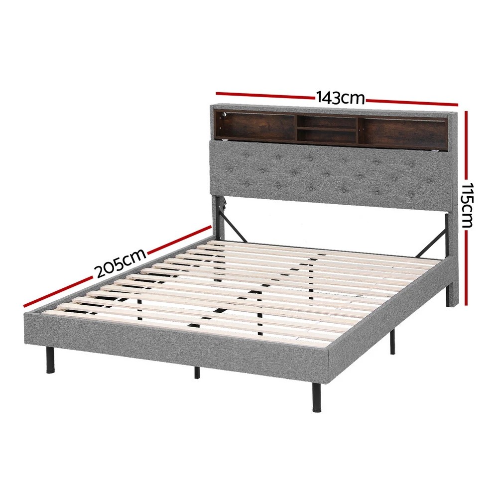 2 Artiss Bed Frame Double Size LED Mattress Base Platform with Storage Shelf Hidden Storage Box - Grey, 2 of 8