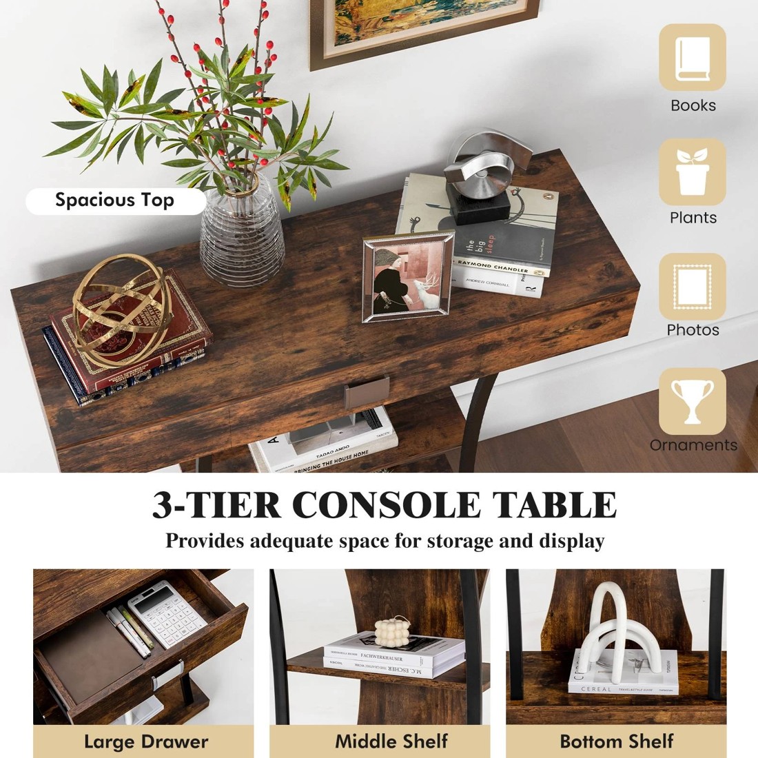 5 Costway 3-Tier Industrial Hall Table w/Drawer Side Table - Brown, 5 of 9