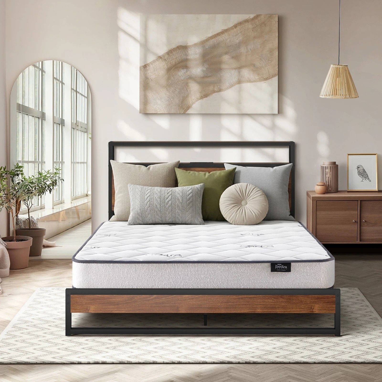 4 Oikiture Metal Bed Frame Queen Size LED Storage USB with Mattress - Brown, 4 of 10