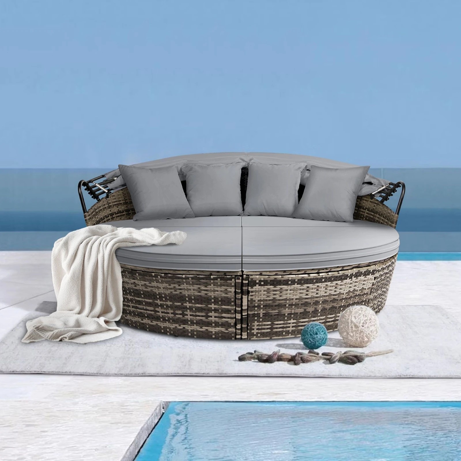 4 Alfordson Outdoor Sun Lounge Day Bed Wicker Furniture Sofa Bed Garden 3PCS - Grey, 4 of 10