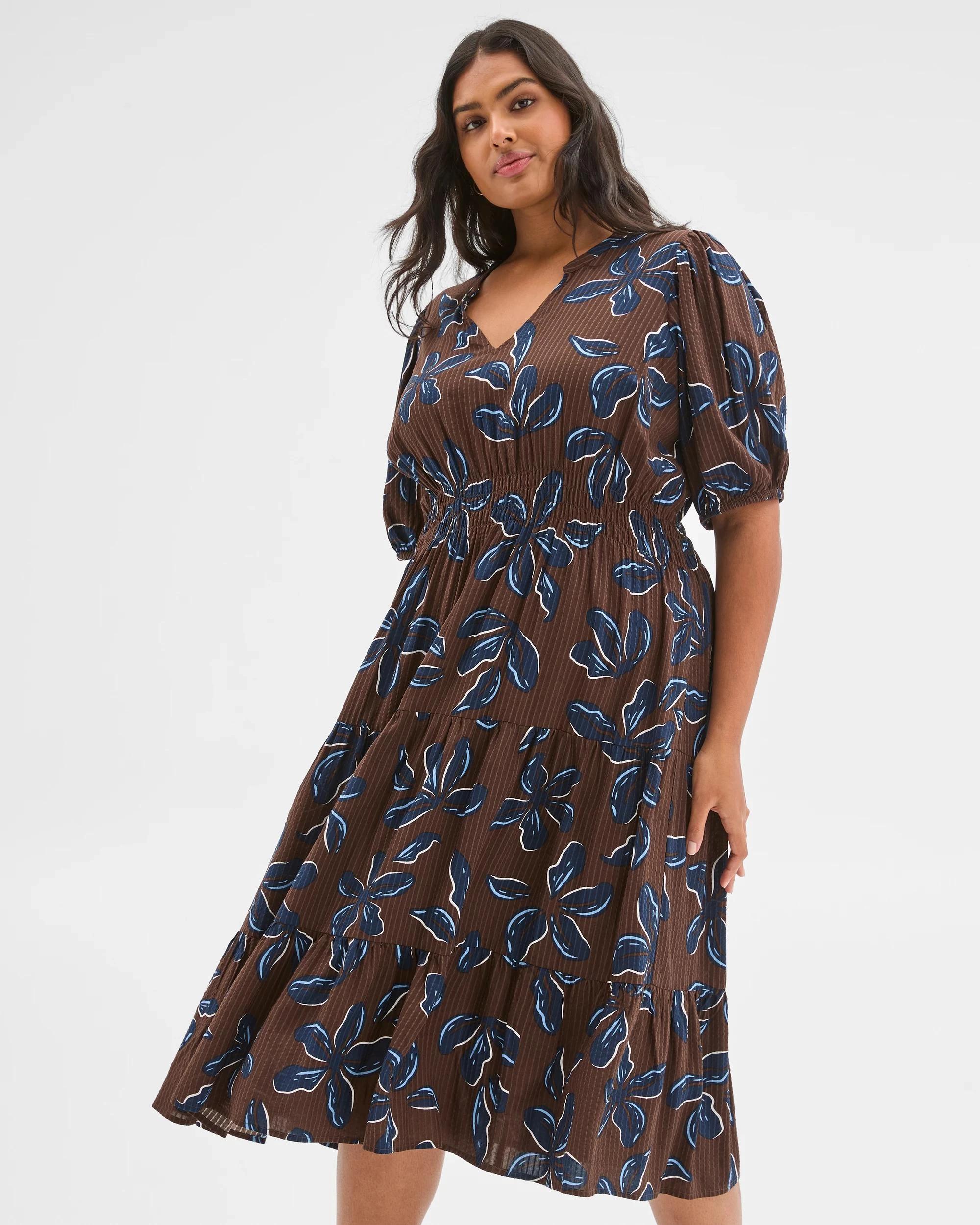 1 Target Curve Plus Size Australian Cotton Textured Woven Dress CHOCOLATE FLORAL, 1 of 4