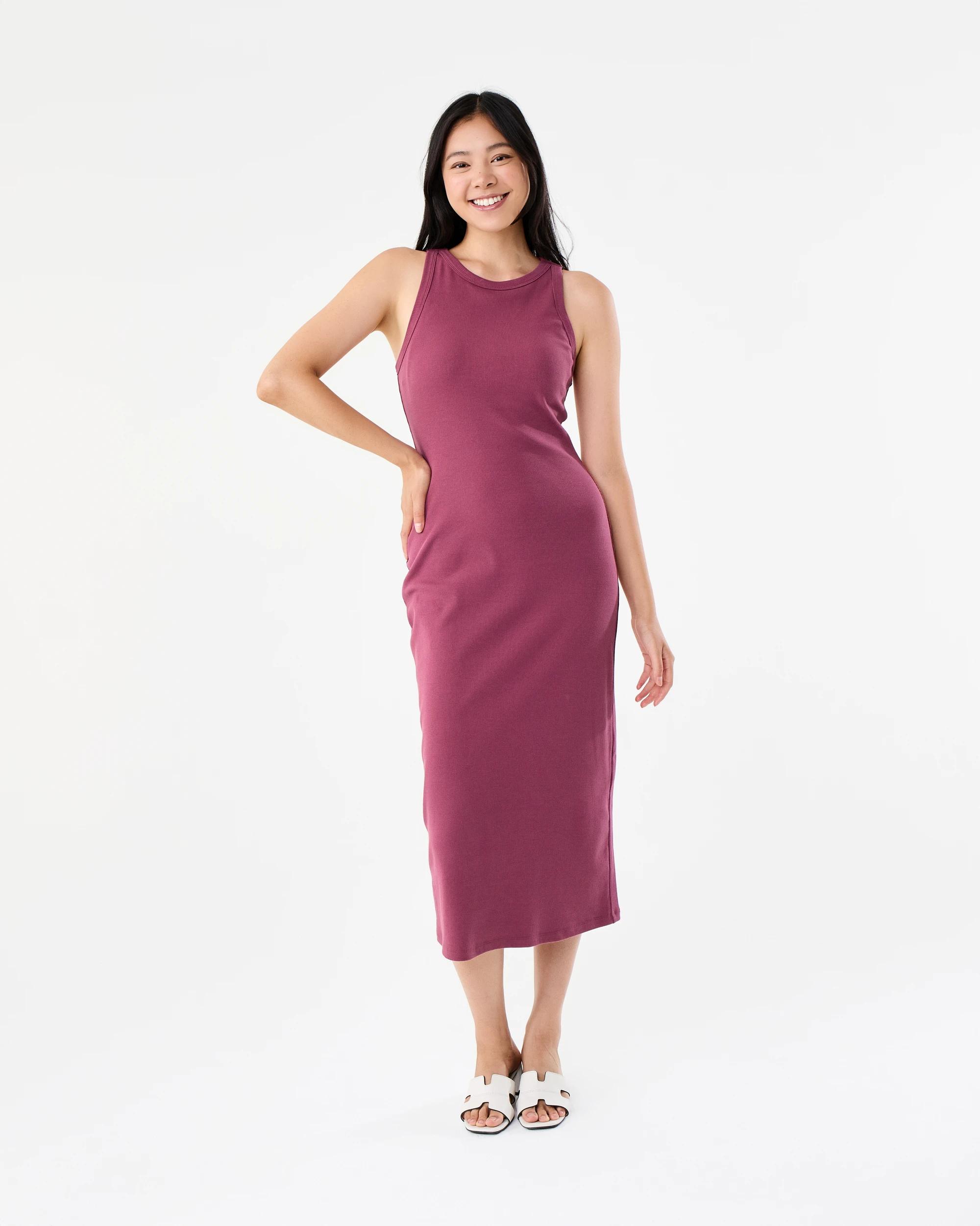 1 Sleeveless Padded Rib Midi Dress Maroon, 1 of 7