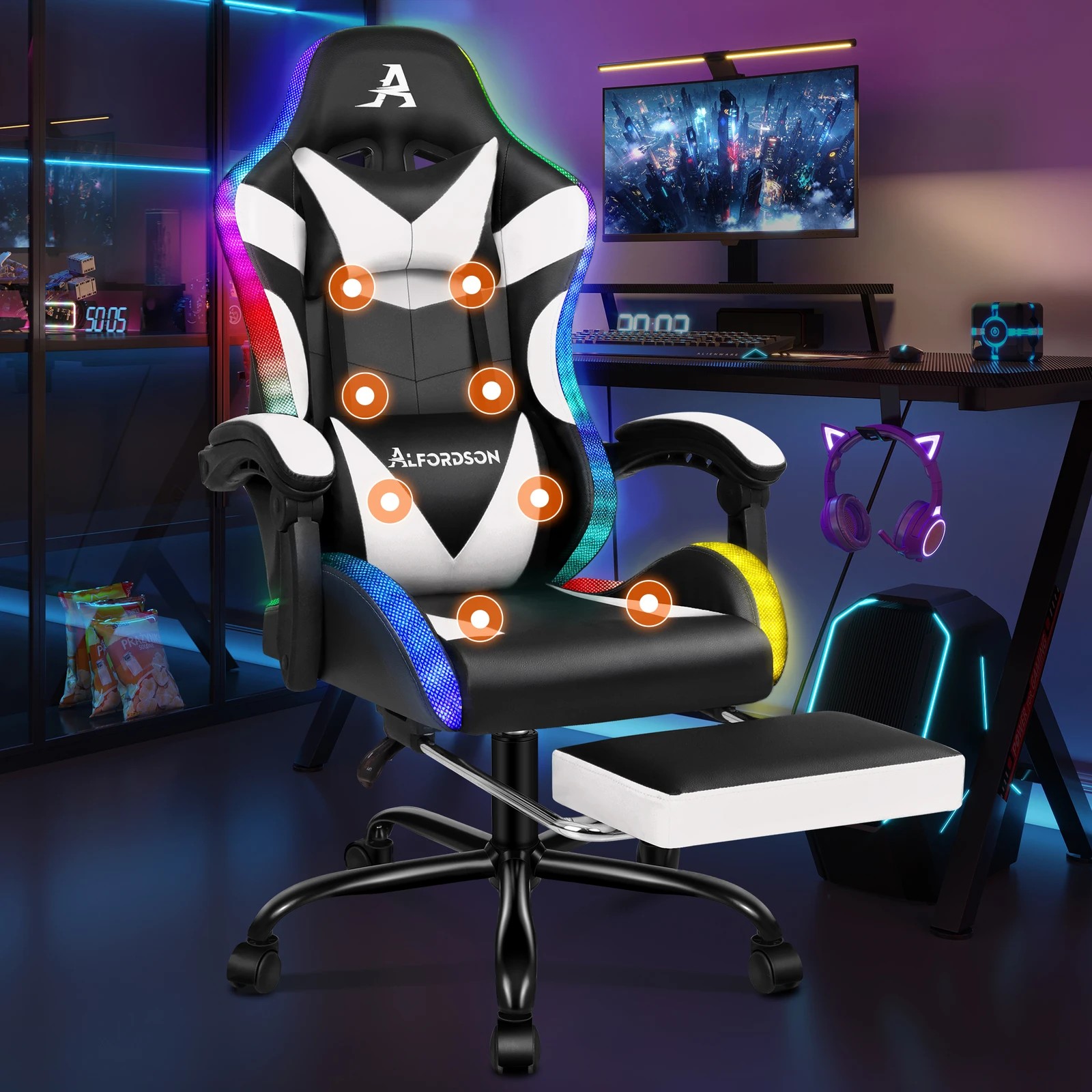 2 Alfordson Gaming Chair Office Massage 12 RGB LED Computer Seat PU Leather - White, 2 of 6