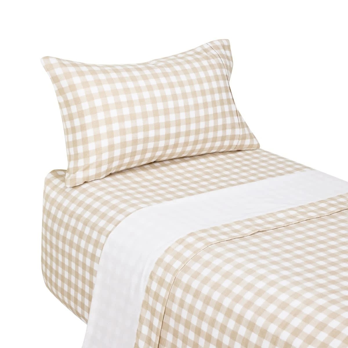 5 Gingham Cotton Flannelette Sheet Set - Single Bed, Tan, 5 of 7