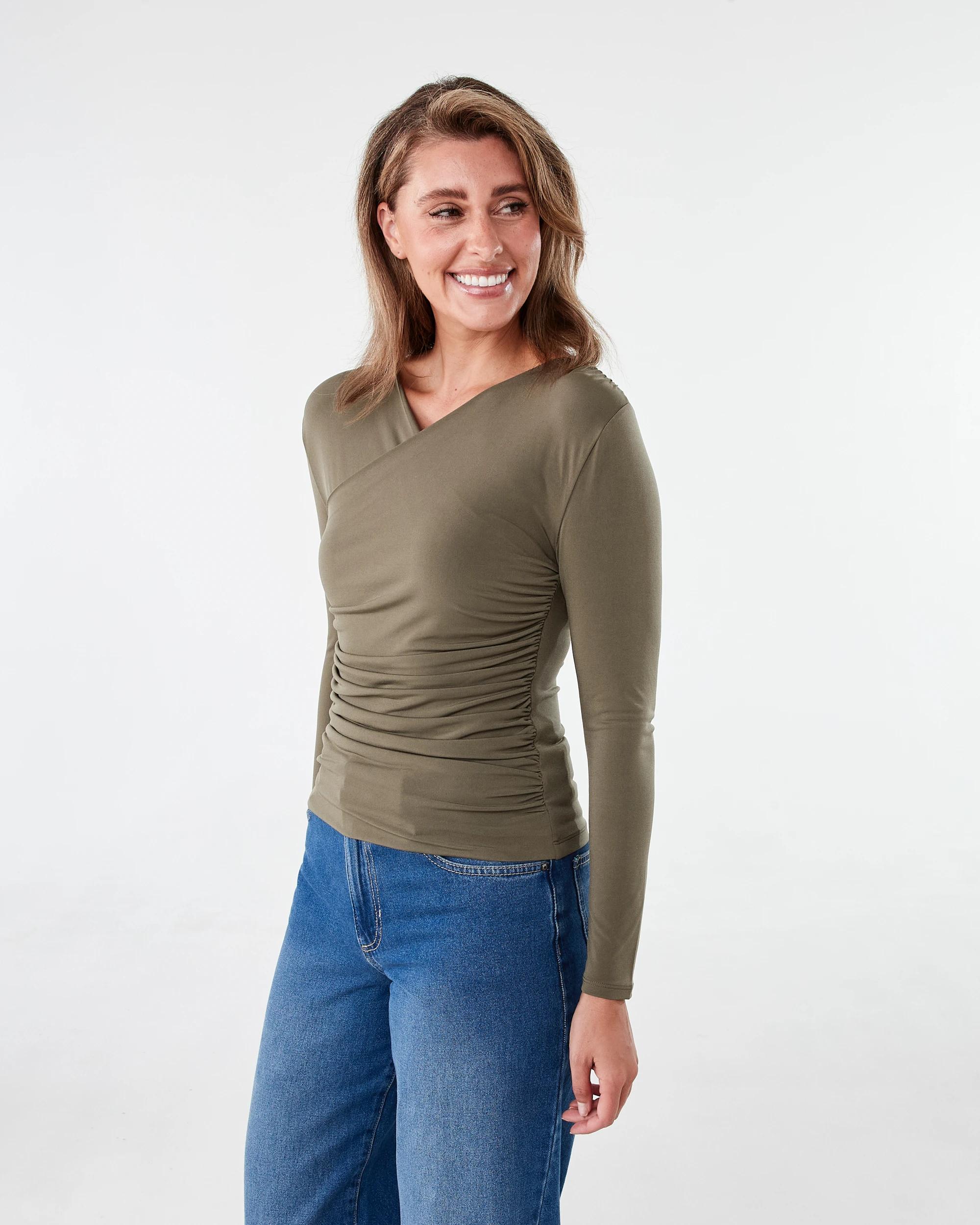 2 Long Sleeve Wrap Drape Top Deep Olive, 2 of 5