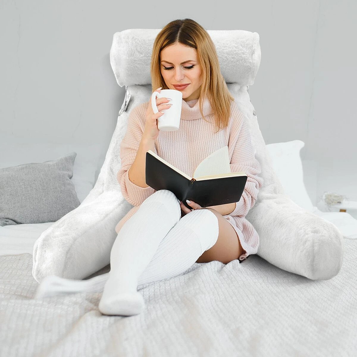 2 Ausway Sit Up Bed Pillow Set Reading Backrest Lounge Neck Support - White, 2 of 4