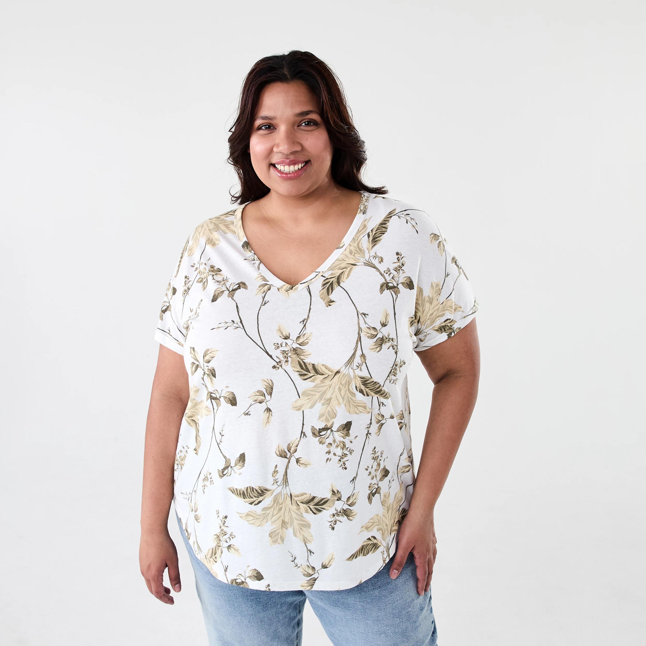 1 Curve Short Sleeve Print V-neck T-shirt Tropical, 1 of 6