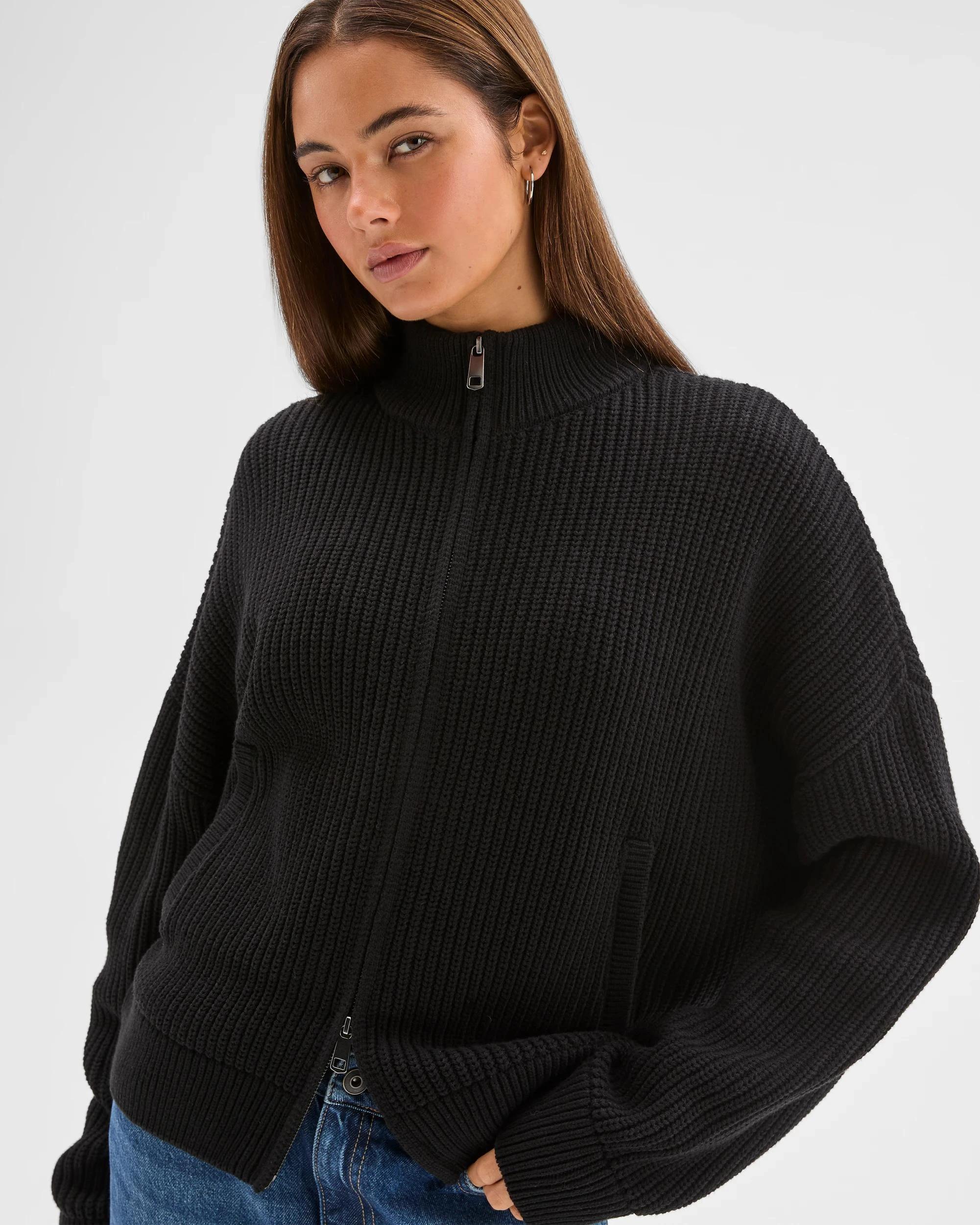 6 Lily Loves Australian Cotton Blend Zip Through Rib Cardigan BLACK, 6 of 8