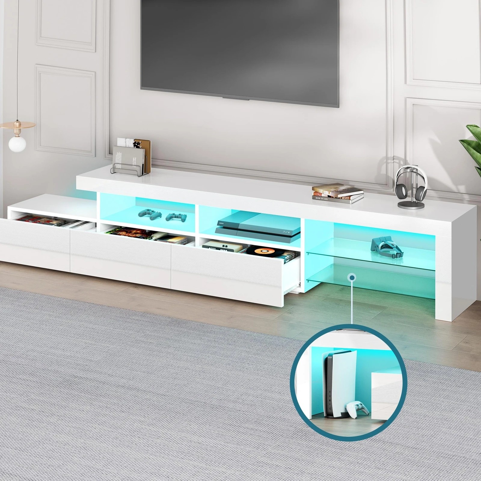 7 Alfordson Entertainment Unit 220cm TV Stand LED Light Storage Gloss - White, 7 of 10