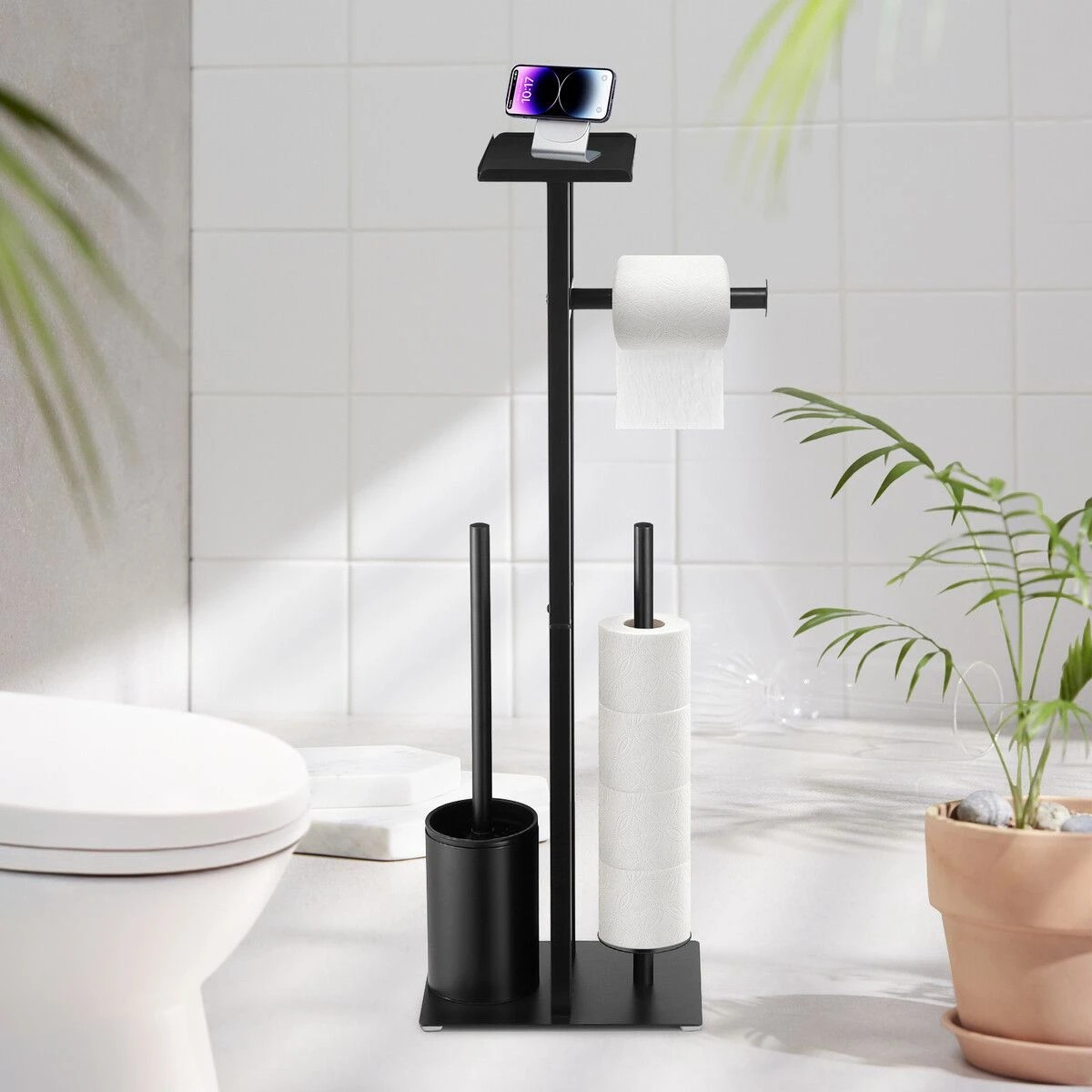 2 LUXSUITE Toilet Paper Roll Holder with Brush Phone Shelf Free Standing Tissue Storage Dispenser, 2 of 4