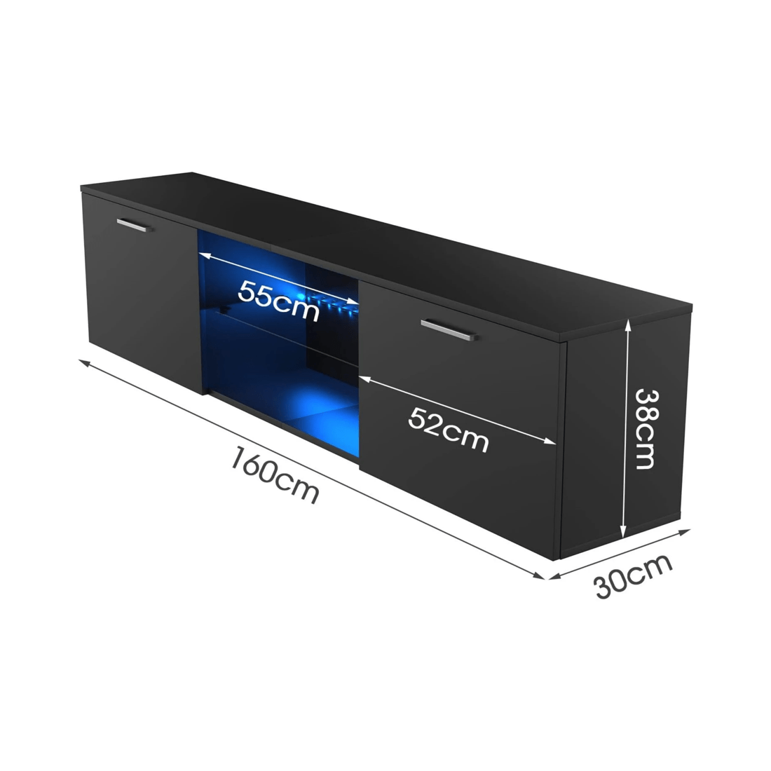 2 Advwin Tv Cabinet 160cm Led Entertainment Unit Stand Glass Shelf Black, 2 of 7