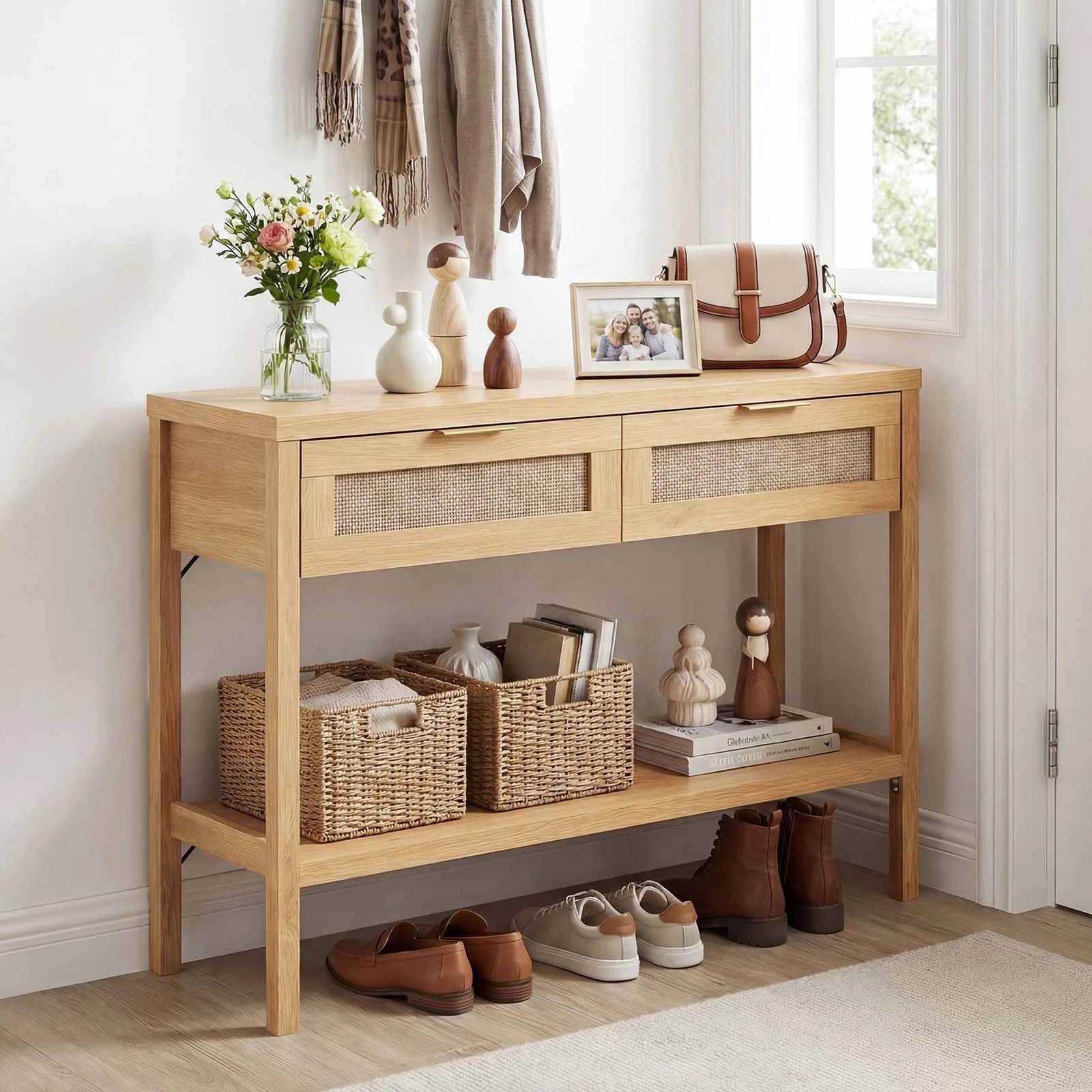 2 Costway Rattan Console Table Narrow Sofa Side Table w/2 Drawers, 2 of 6
