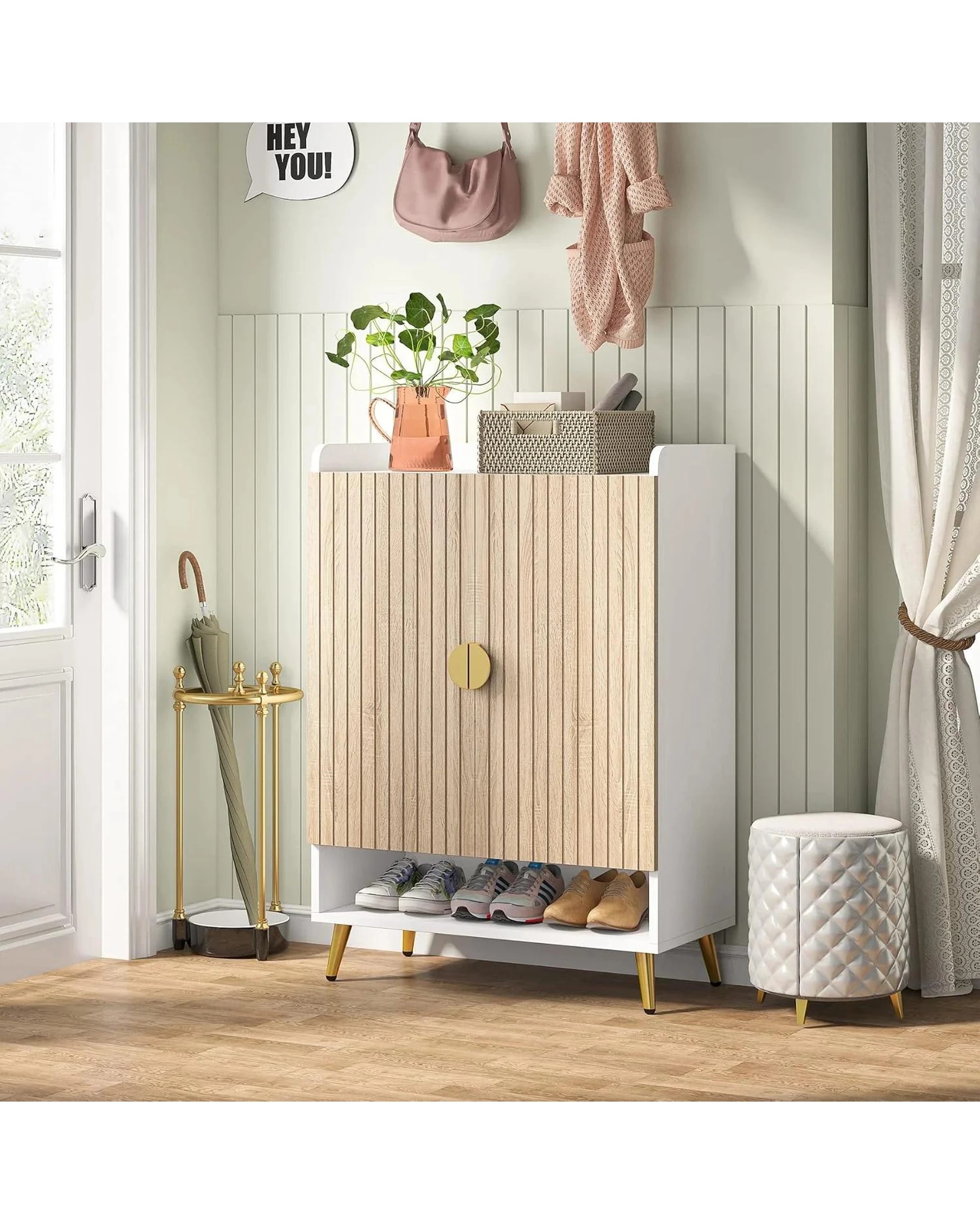2 OAKORY 110cm White Shoe Cabinet with 7 Adjustable Tiers Wood Grain & White, 2 of 5
