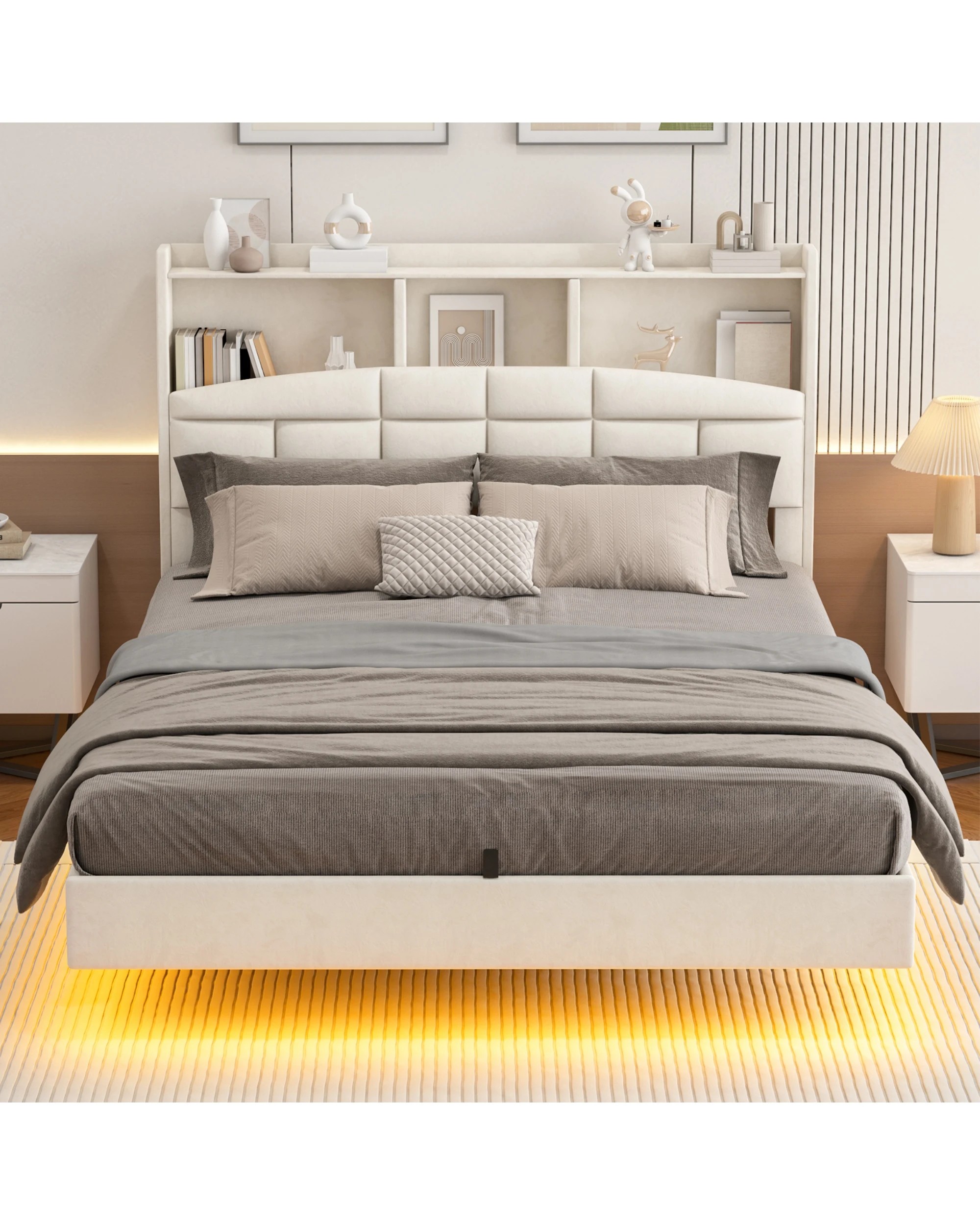 6 Advwin Queen Velvet Floating Bed Frame with LED Lights and Charging Station - Beige, 6 of 7