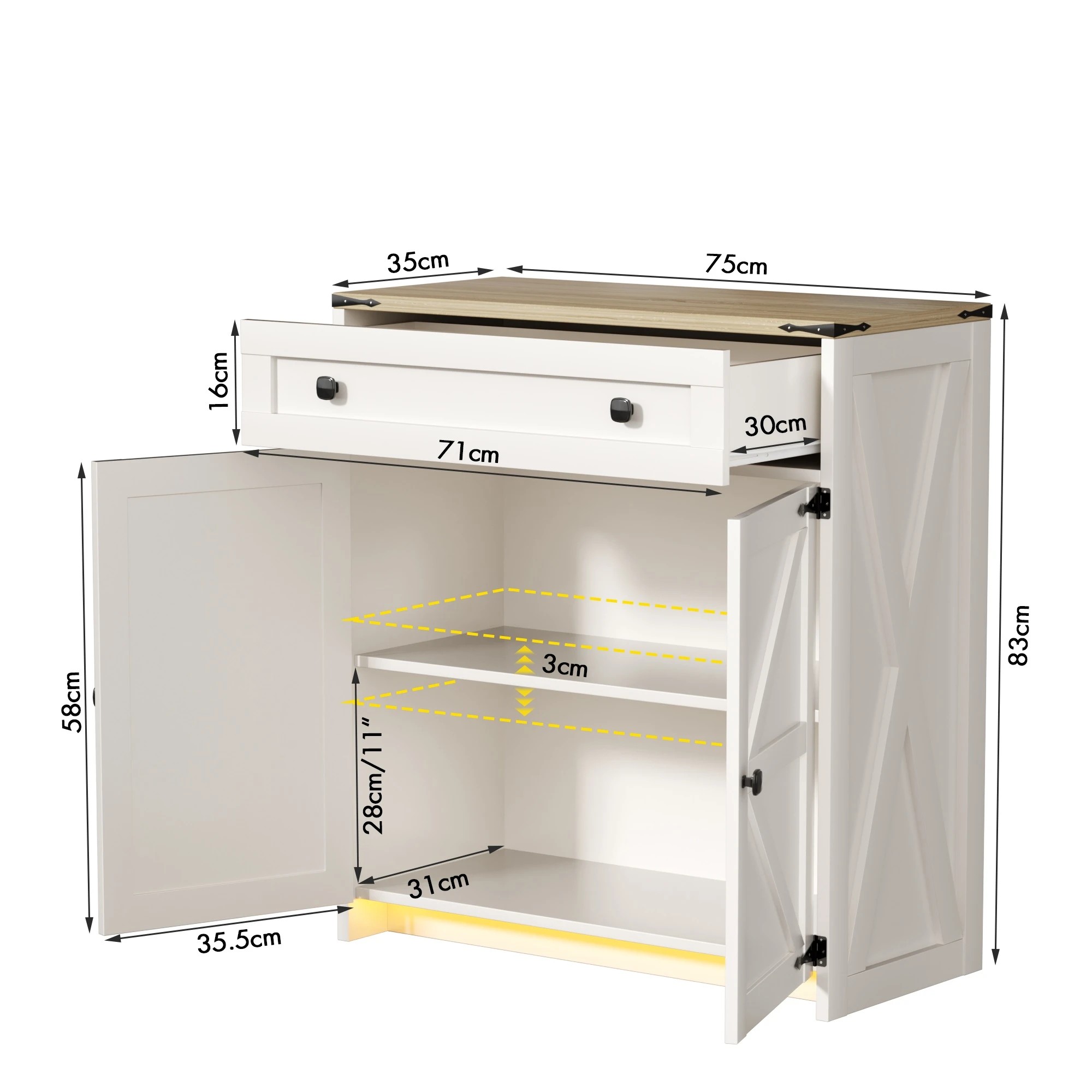 3 Advwin LED Farmhouse Sideboard Buffet Cabinet with 1 Drawer 2 Barn Doors - White, 3 of 10