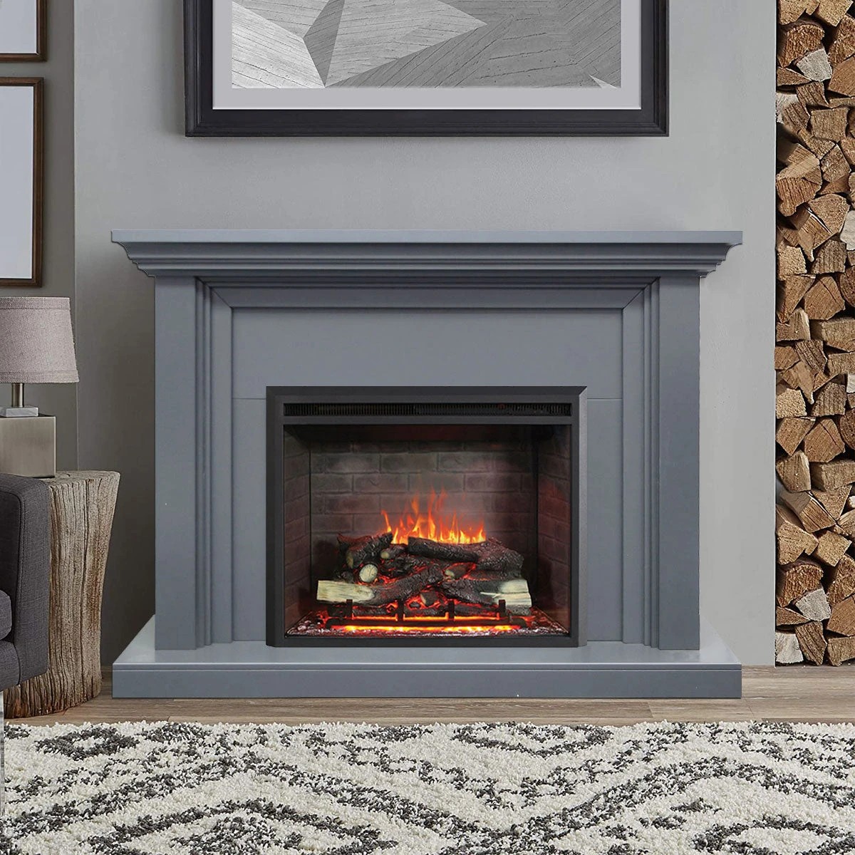 1 Moda Living Kingsley Electric Fireplace Heater Grey Mantel Suite with Primo Insert - Grey, 1 of 5