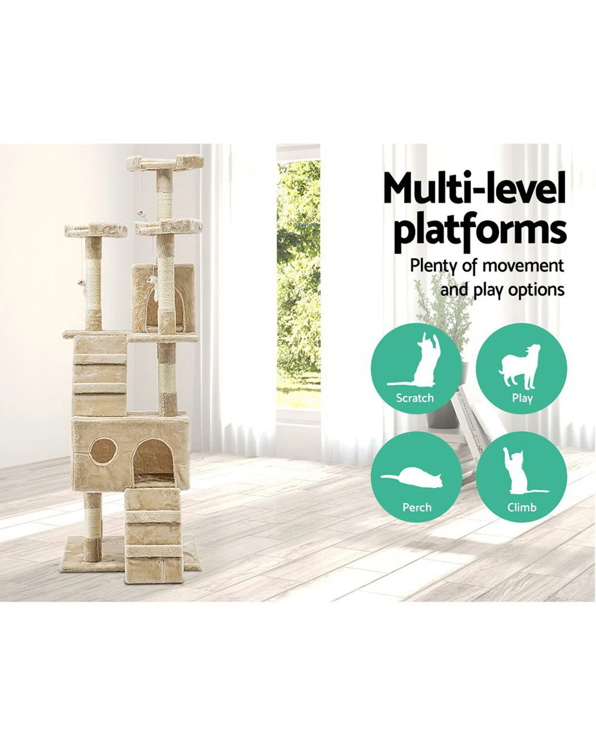 2 i.Pet Cat Tree 180cm Tower Scratching Post Scratcher Wood Condo House Toys - Beige, 2 of 7