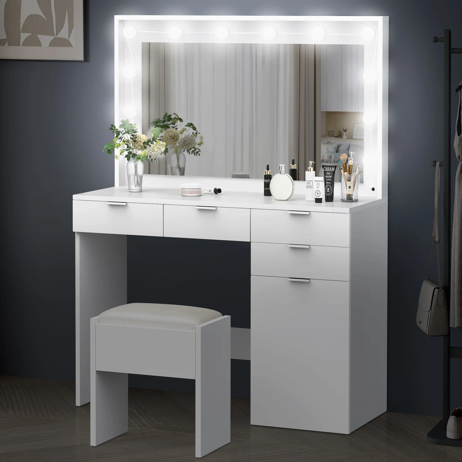 4 Alfordson Dressing Table Stool Set Makeup Mirror Desk 12 LED Bulbs - White, 4 of 10