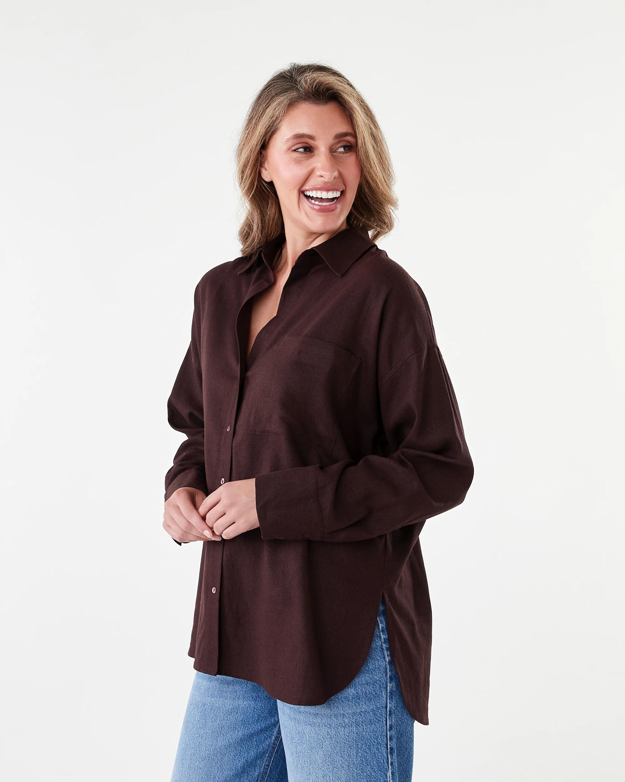 2 Long Sleeve Oversized Linen Blend Shirt Choc Plum, 2 of 8