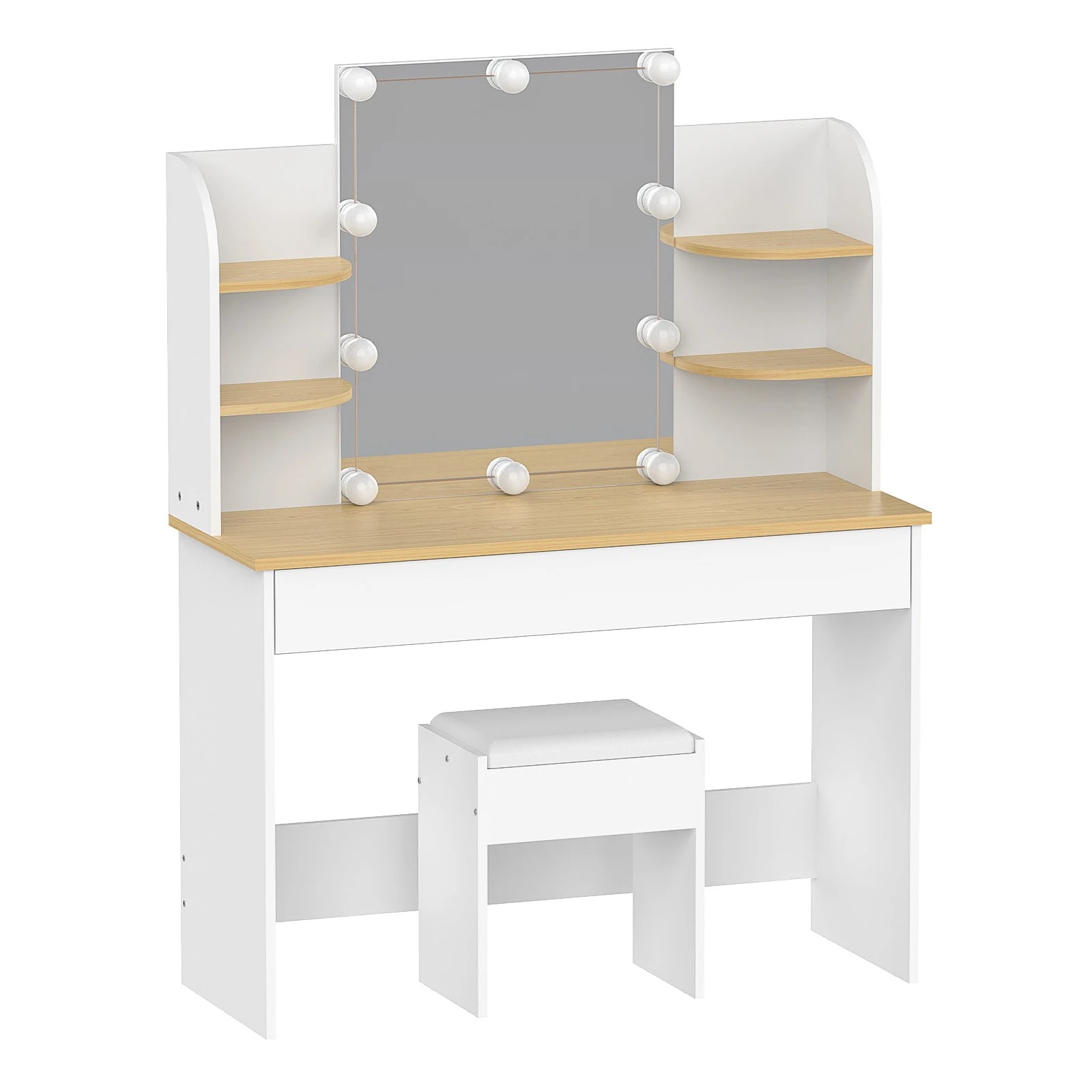 1 Advwin Dressing Table Stool Led Bulbs Makeup Mirror Vanity Desk With Open Shelves And Drawers Dresser - White, 1 of 10