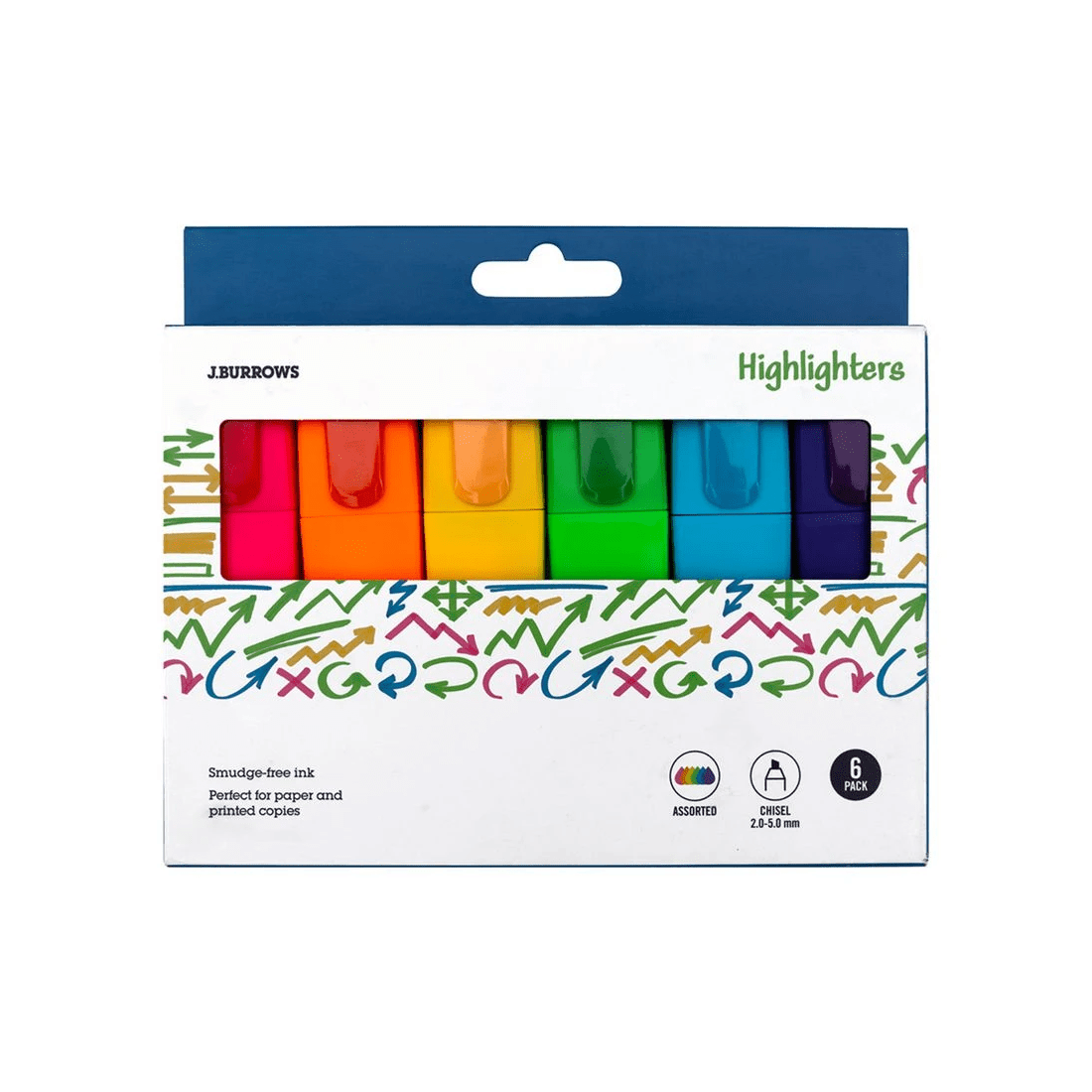 1 J.Burrows Chisel Highlighters Assorted 6 Pack, 1 of 5