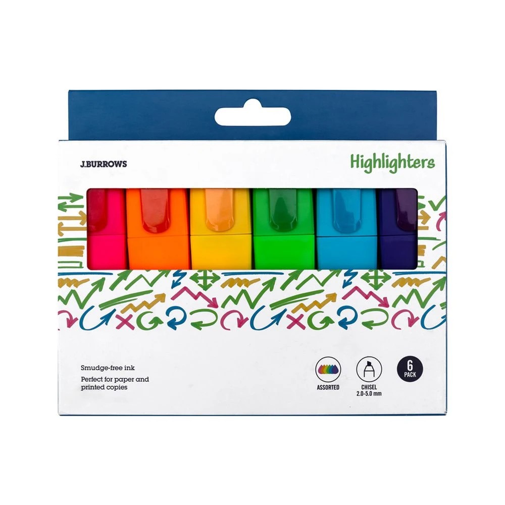 1 J.Burrows Chisel Highlighters Assorted 6 Pack, 1 of 5