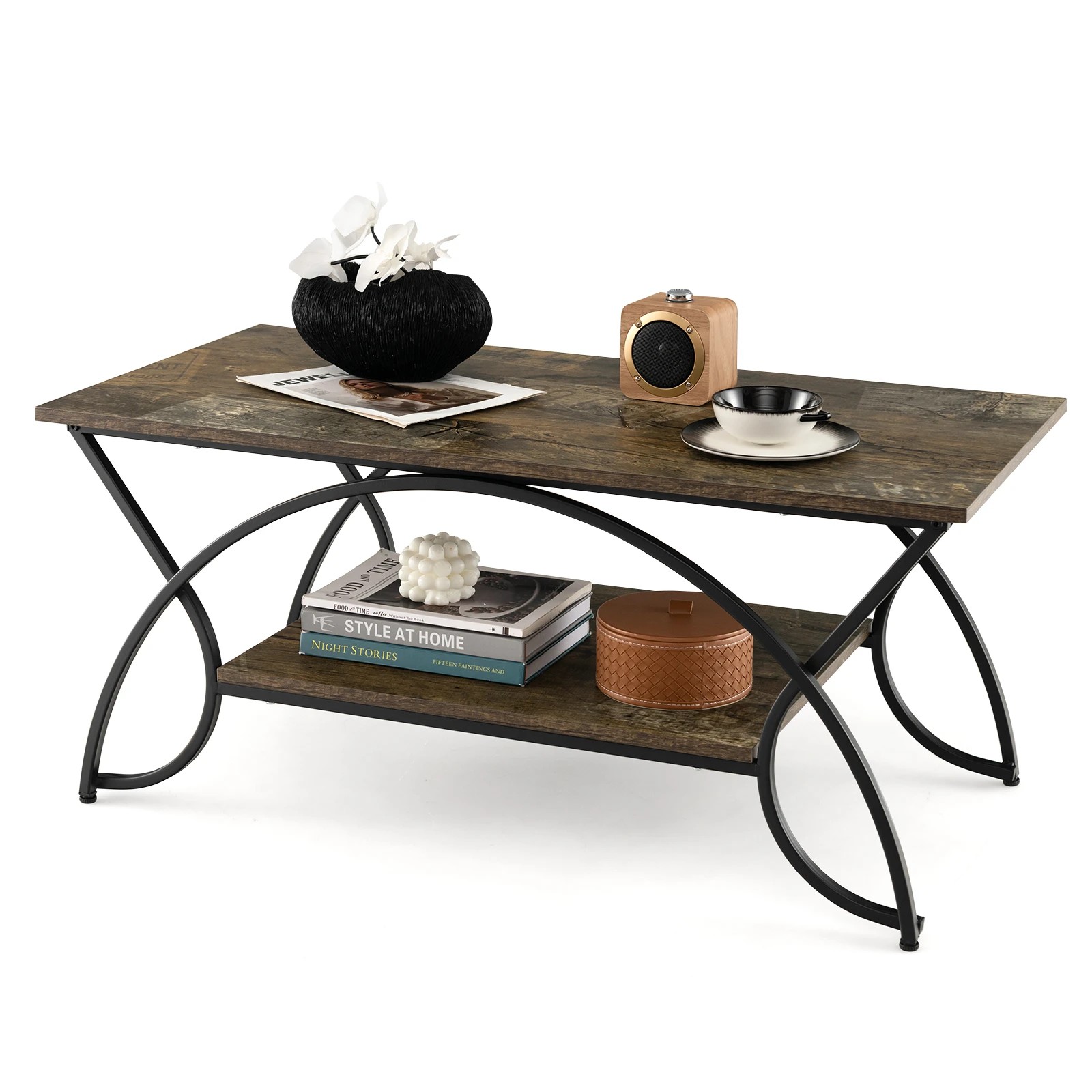 5 Costway 2-Tier Coffee Table Rectangular Cocktail Table w/Arched Metal Frame, 5 of 5
