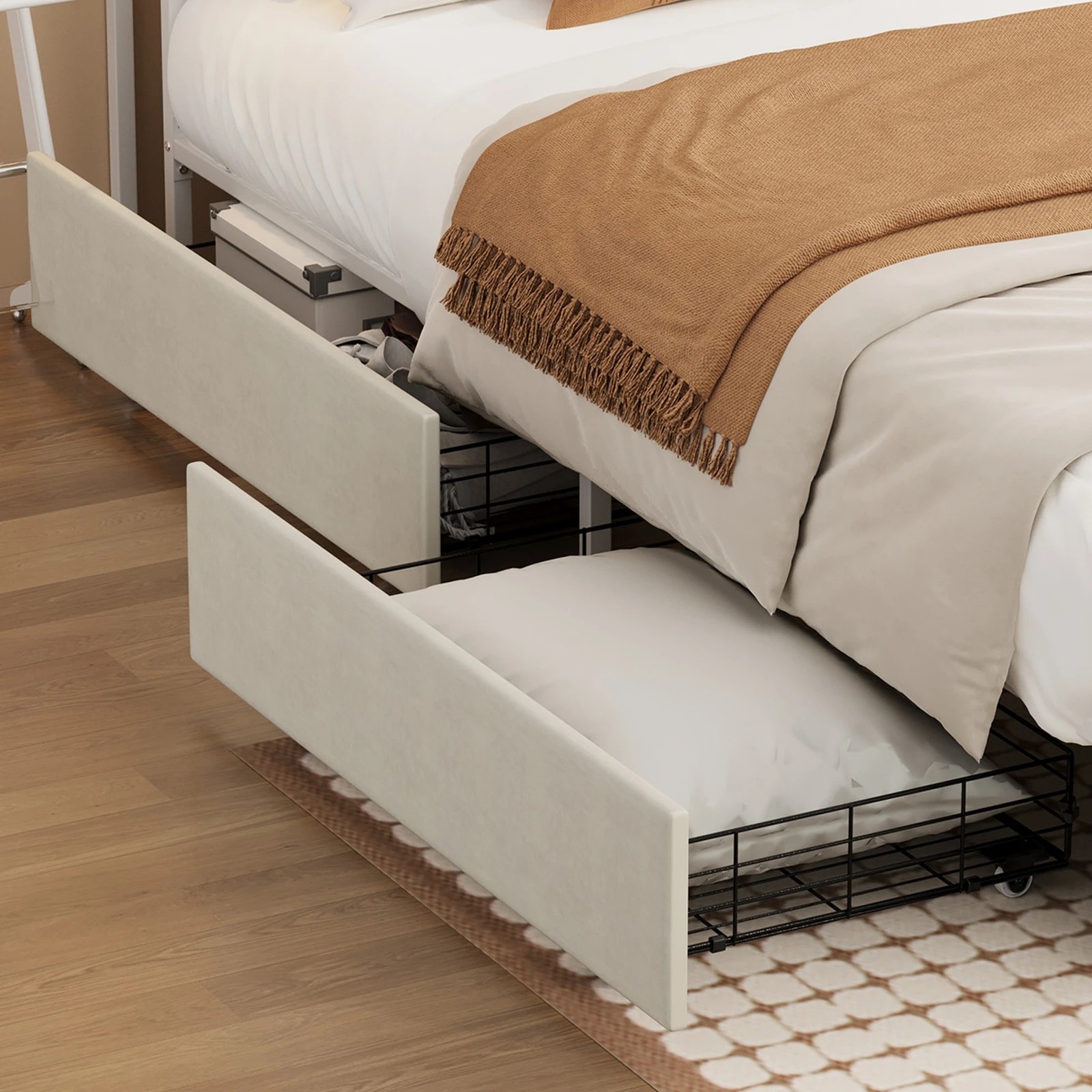 2 Oikiture Bed Frame Trundle Storage Metal Drawers Set of 4 - White, 2 of 8