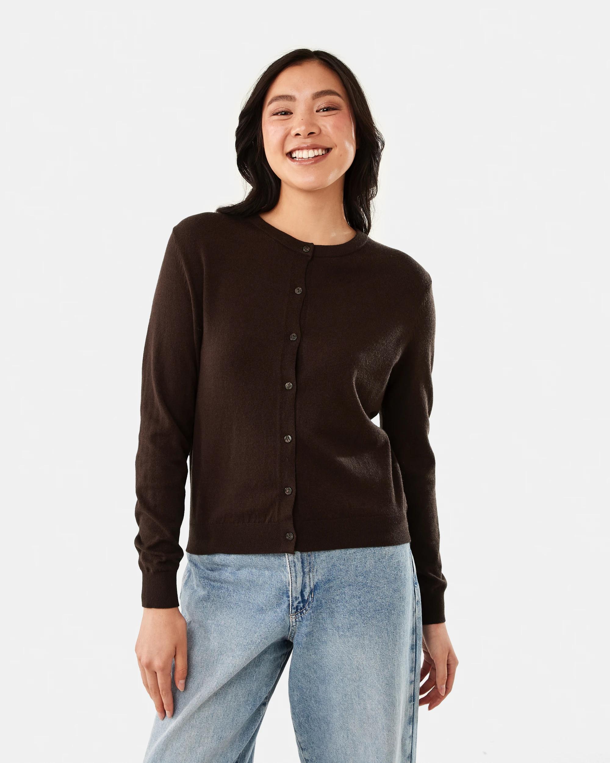 1 Lightweight Crew Neck Cardigan Melt Brown, 1 of 6